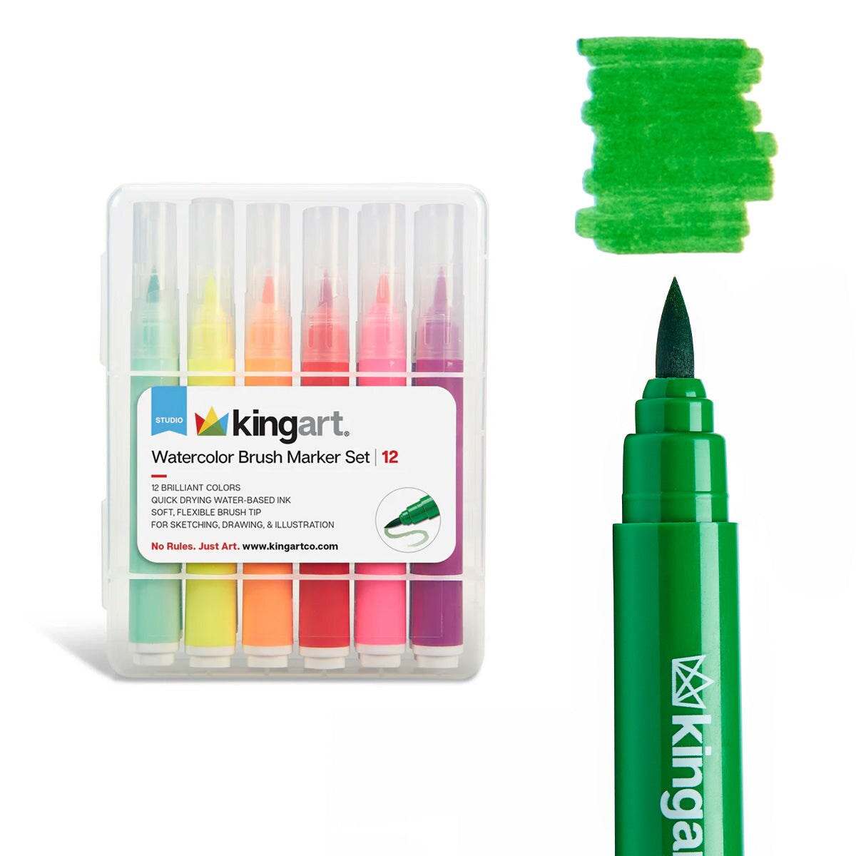 KINGART® Soft Tip Watercolor Brush Marker Set With Case, Set of 12 Unique Colors