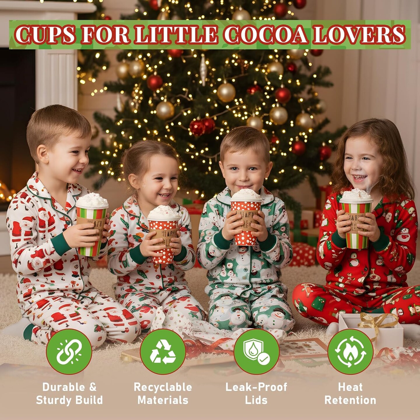 4E's Novelty 12-Pack Christmas Paper Cups with Lids, Sleeves & Napkins, 16 oz Holiday Drink Set
