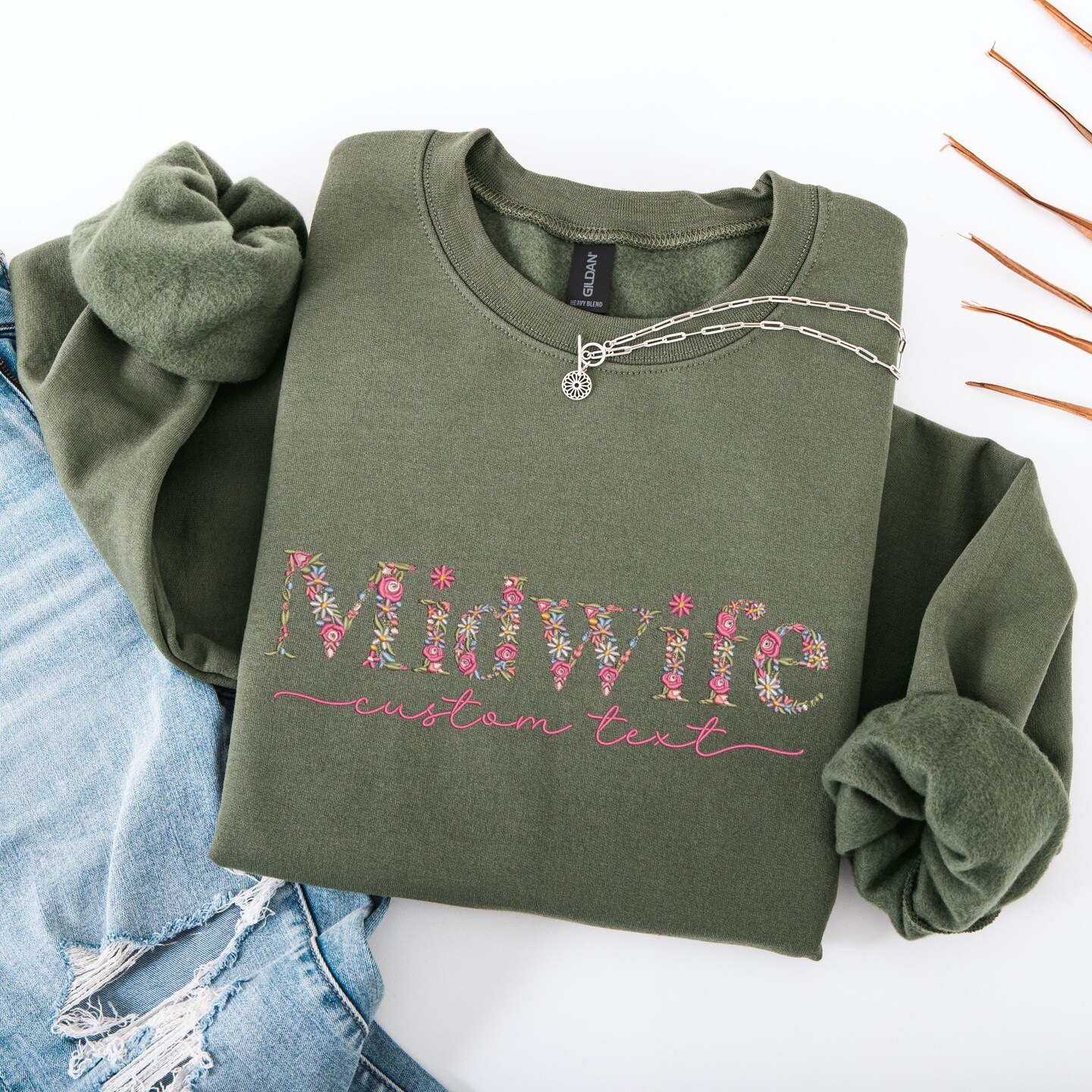 Custom floral letters midwife embroidered sweatshirt, Embroidery