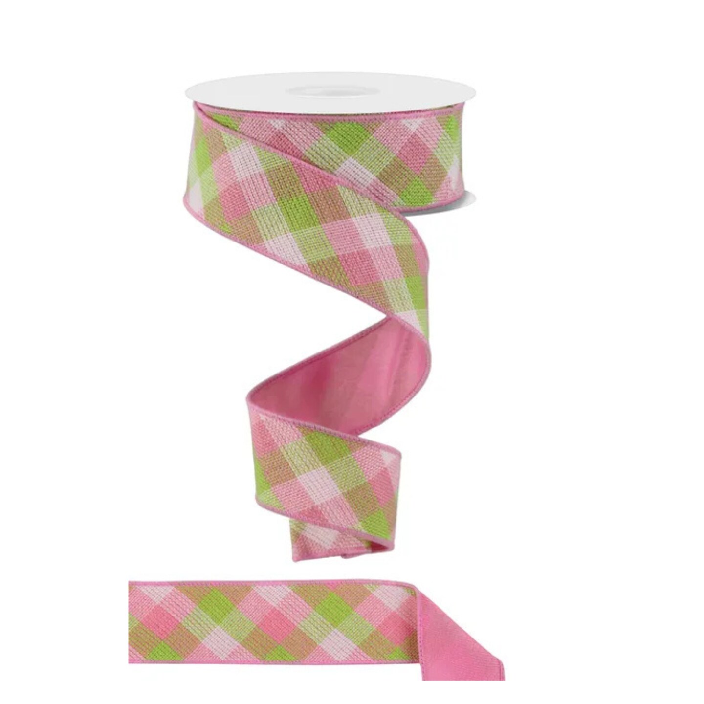 Pink Green Woven Check Ribbon 1.5x10yd Wired | Spring Craft Ribbon ...