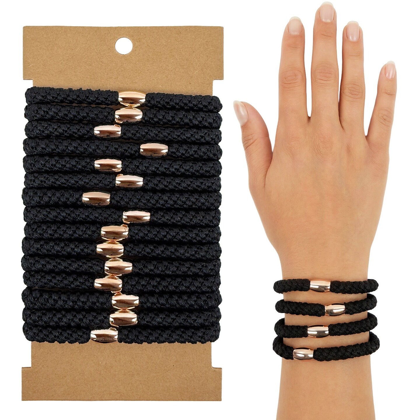 Wrapables Braided Elastic Hair Ties for Women, No Damage Hairbands for Thick Ponytails (15pcs), Black