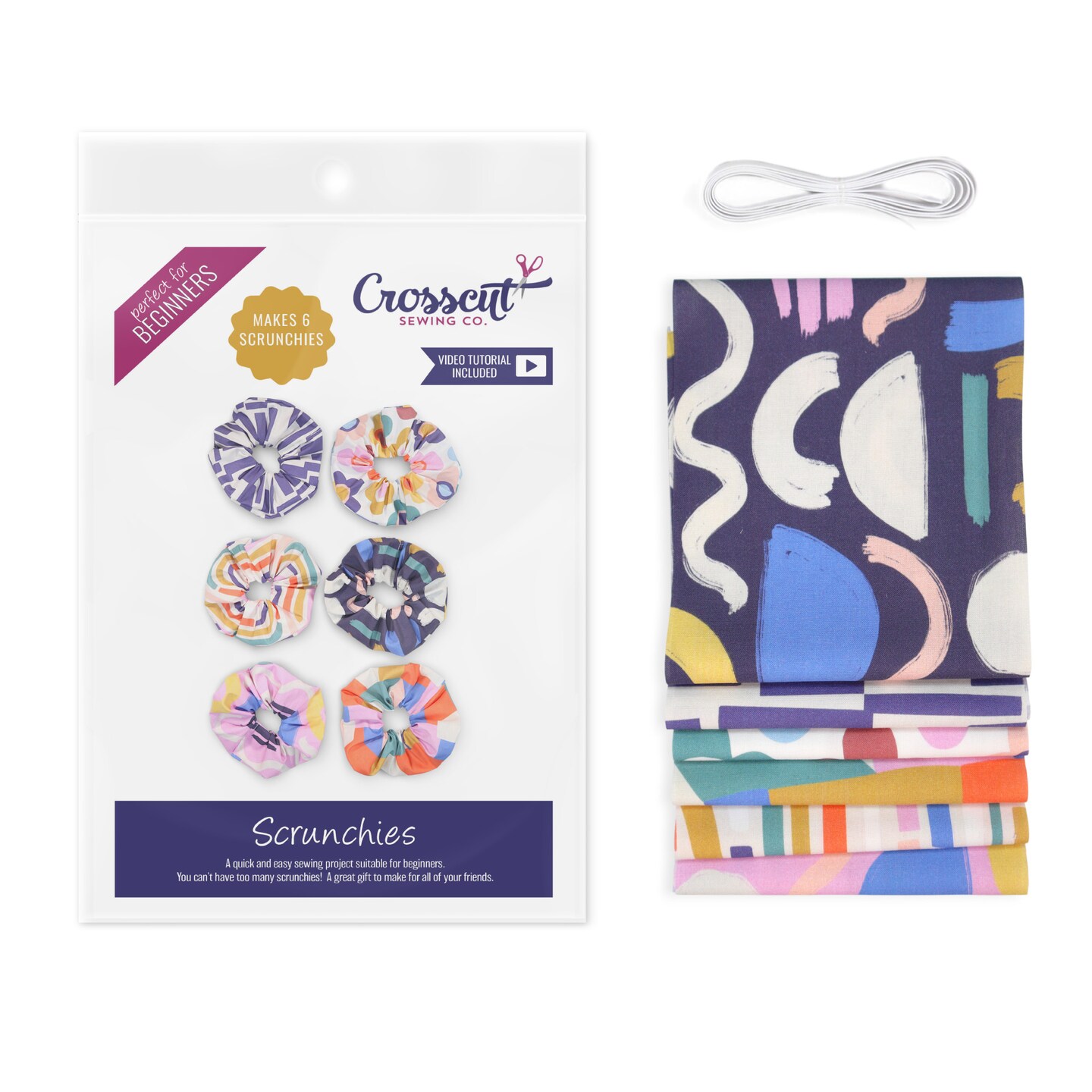 Crosscut Sewing Co.® Scrunchie Sewing Project Kit for Beginners with Fabric, Instructions and Video