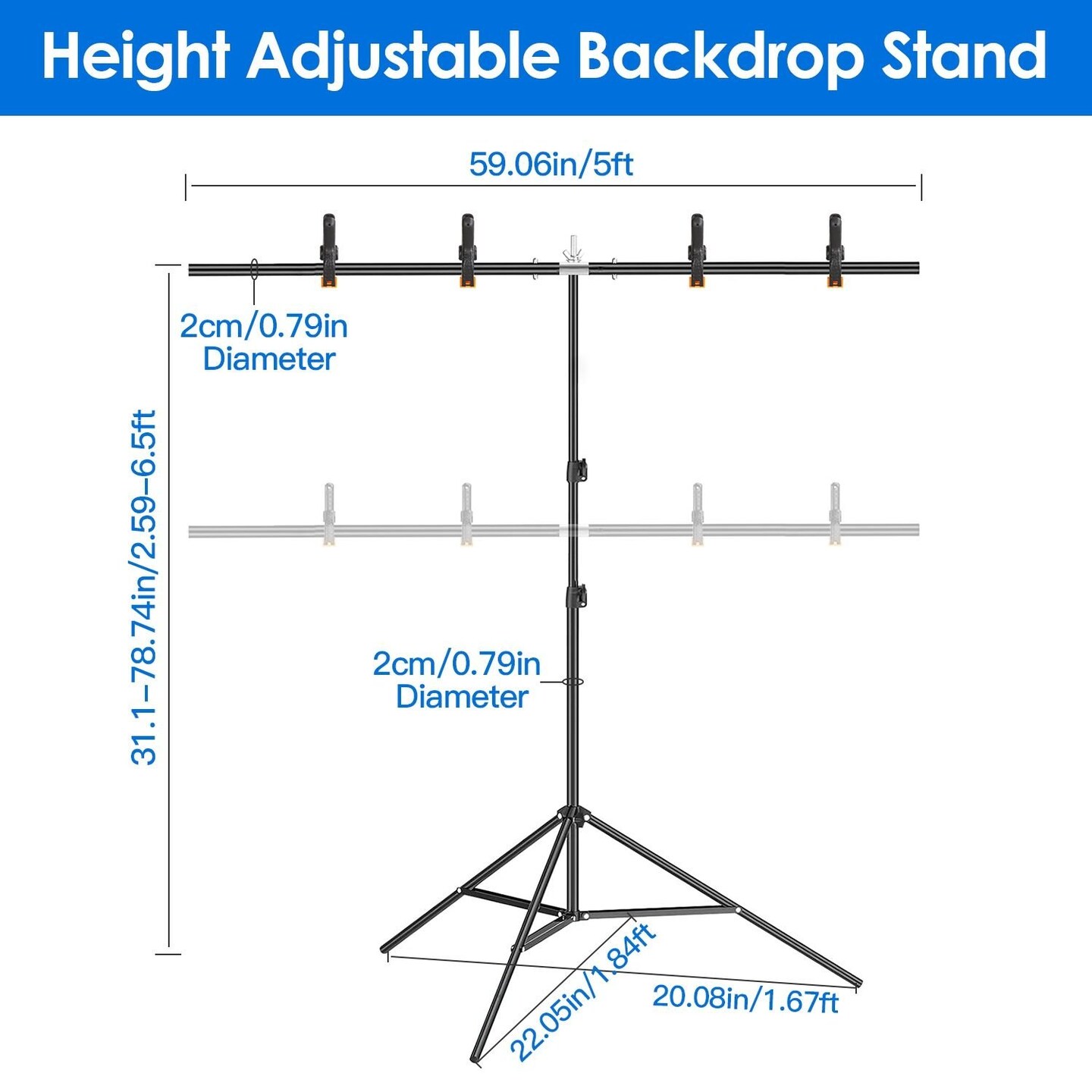Edge Collections -5' x 6.5'-Black-Adjustable T-Shape Photography Backdrop Stand with Clamps-1 pcs