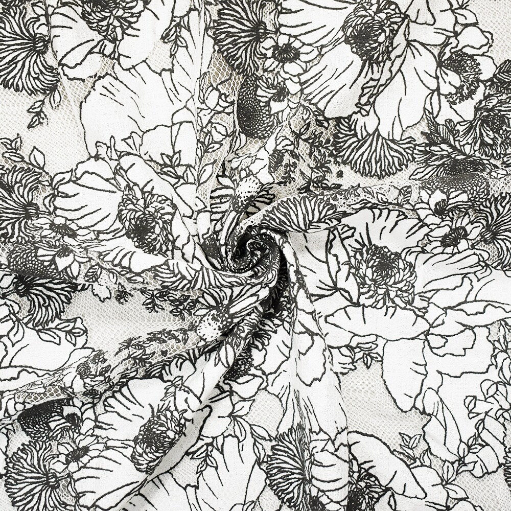 Black-White Cotton-Poly Floral Patch Printed Lace Mesh Knit Fabric By the Yard
