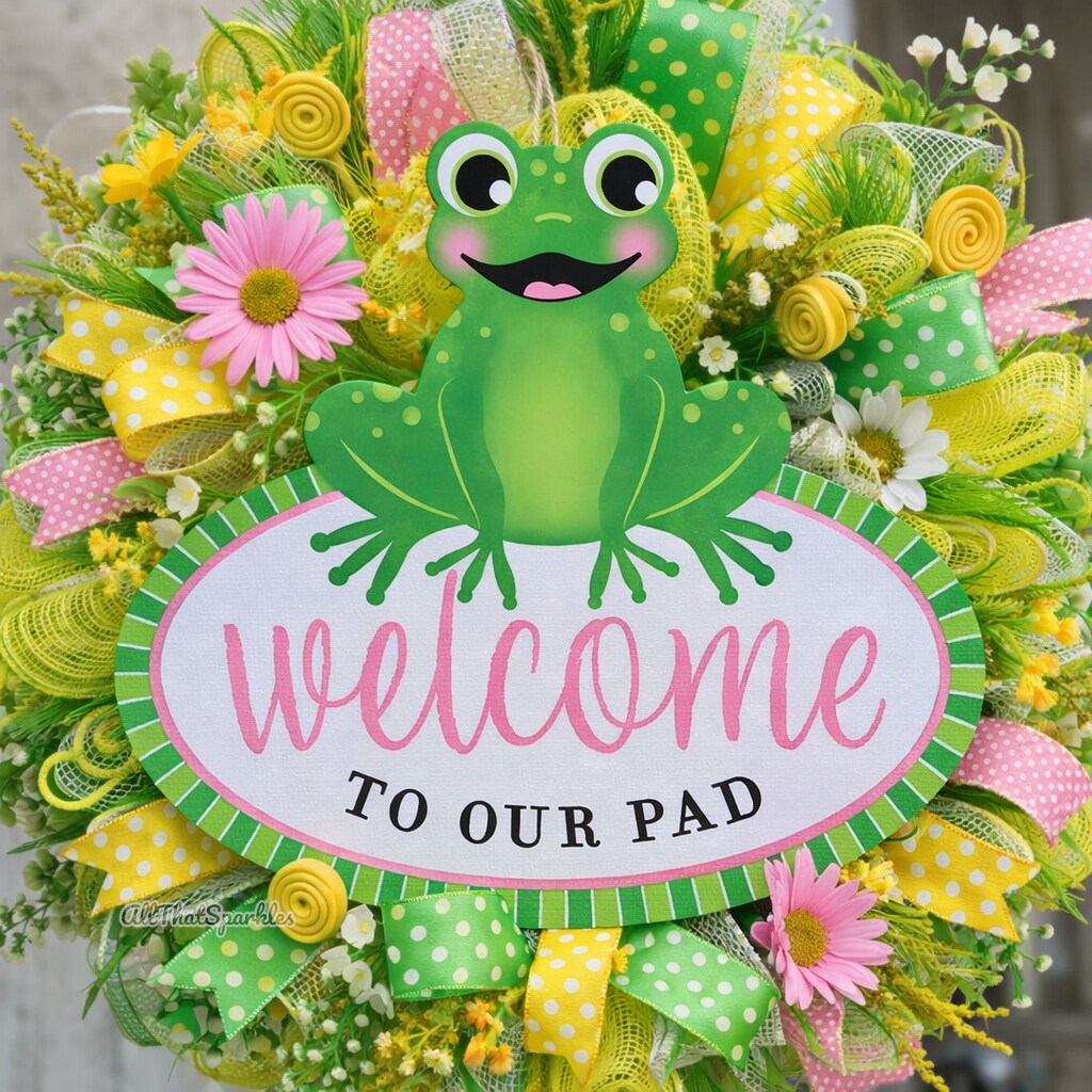 12" Welcome to Our Pad Frog Sign, Wall/Door Hanger - For DIY Crafts, Wreaths, Classroom Decorations, Centerpieces