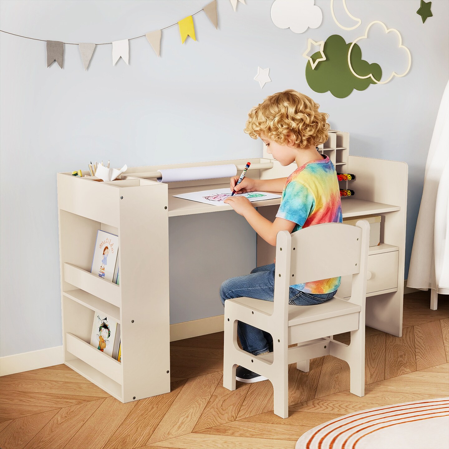 Kids Craft Table and Chair Set with Paper Roll Holder and Storage Cubes