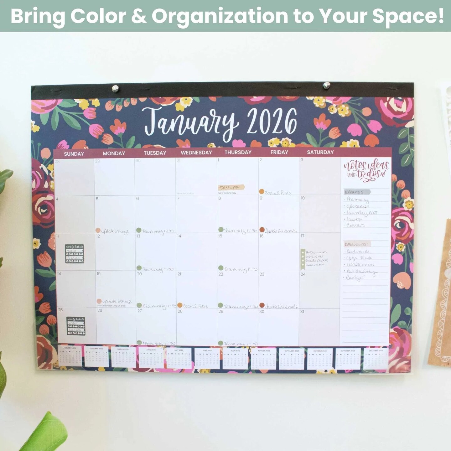 bloom daily planners 2026 Desk & Wall Calendar, 16" x 21", Vintage Floral