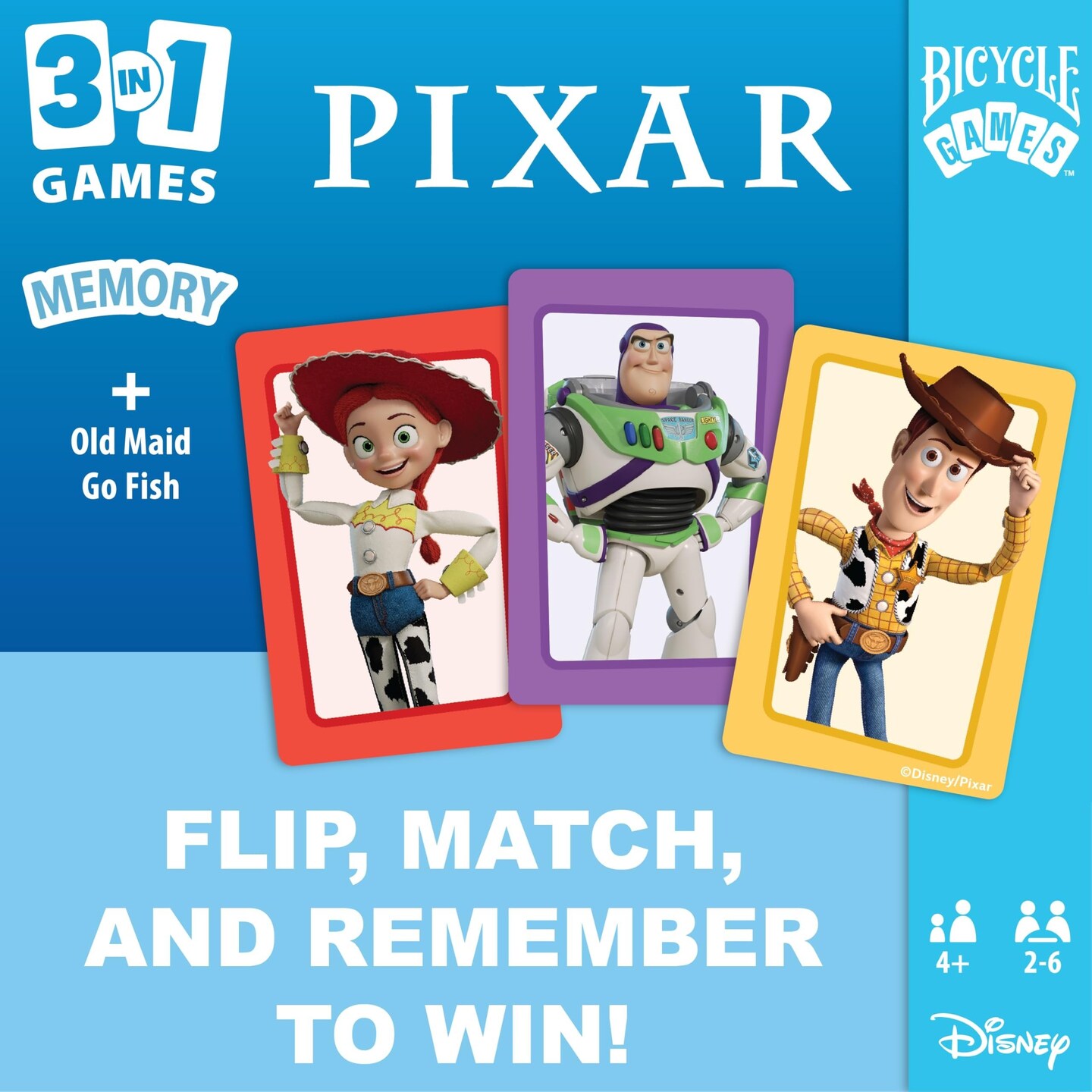 Bicycle Disney and Pixar 3-in-1 Card Games, Old Maid, Go Fish & Memory, Featuring Toy Story, Finding Nemo & Inside Out Characters, Kids Card Games Ages 4+, Family Games for 2-6 Players