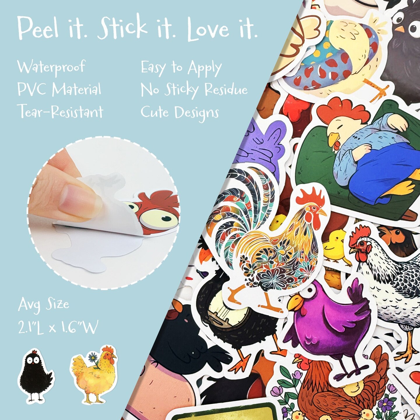 Wrapables Waterproof Vinyl Stickers for Water Bottles, Laptop, Phones, Skateboards, Decals for Teens, 106pcs, Chickens