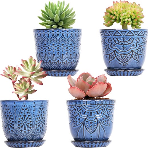 Succulent Pots, 4 Inch Indoor Ceramic Planter Pot with Drainage Holes,  Blue, Set of 4 | MakerPlace by Michaels