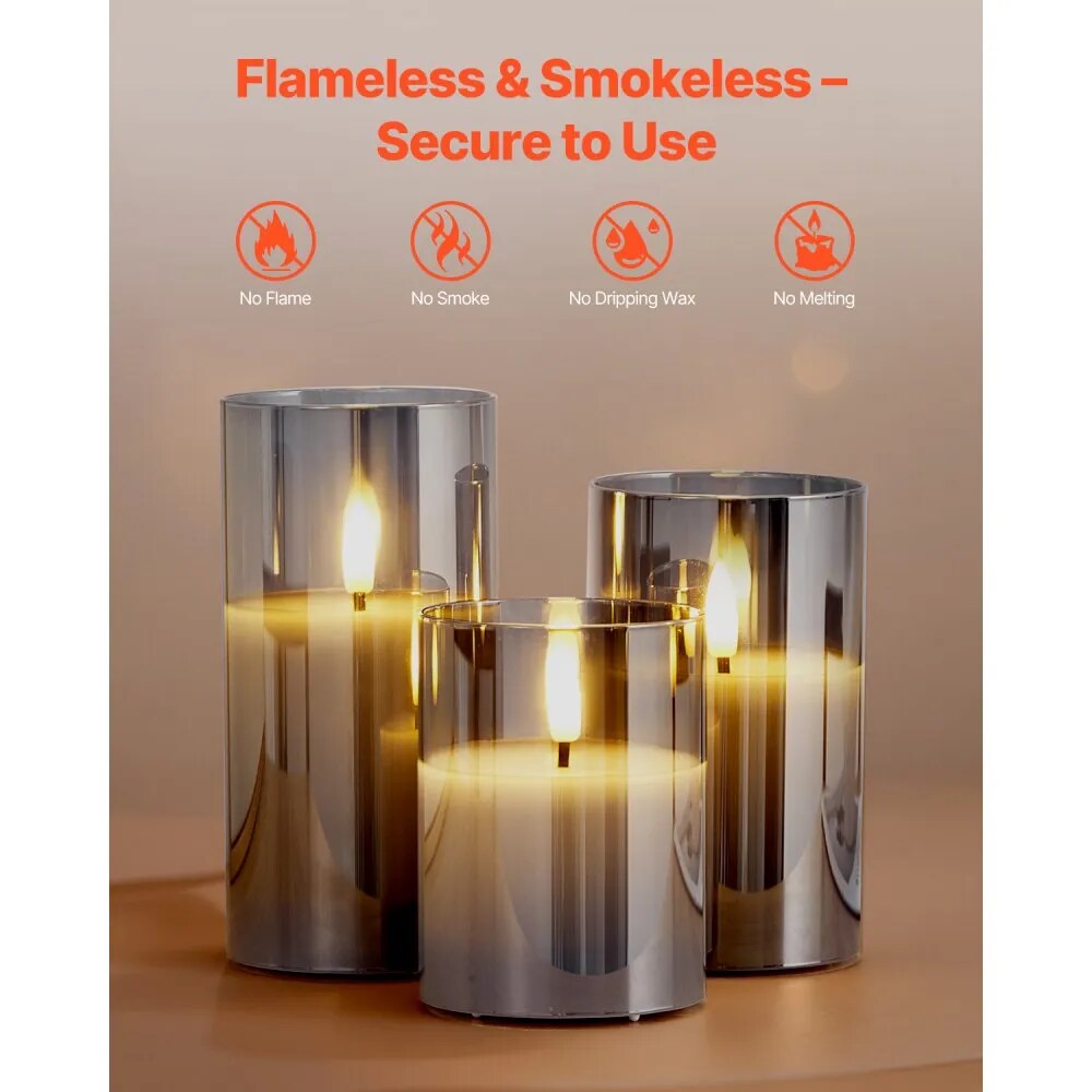 Set of 3 Grey Flickering Flameless LED Candles Battery Operated with Remote Timer Real Wax