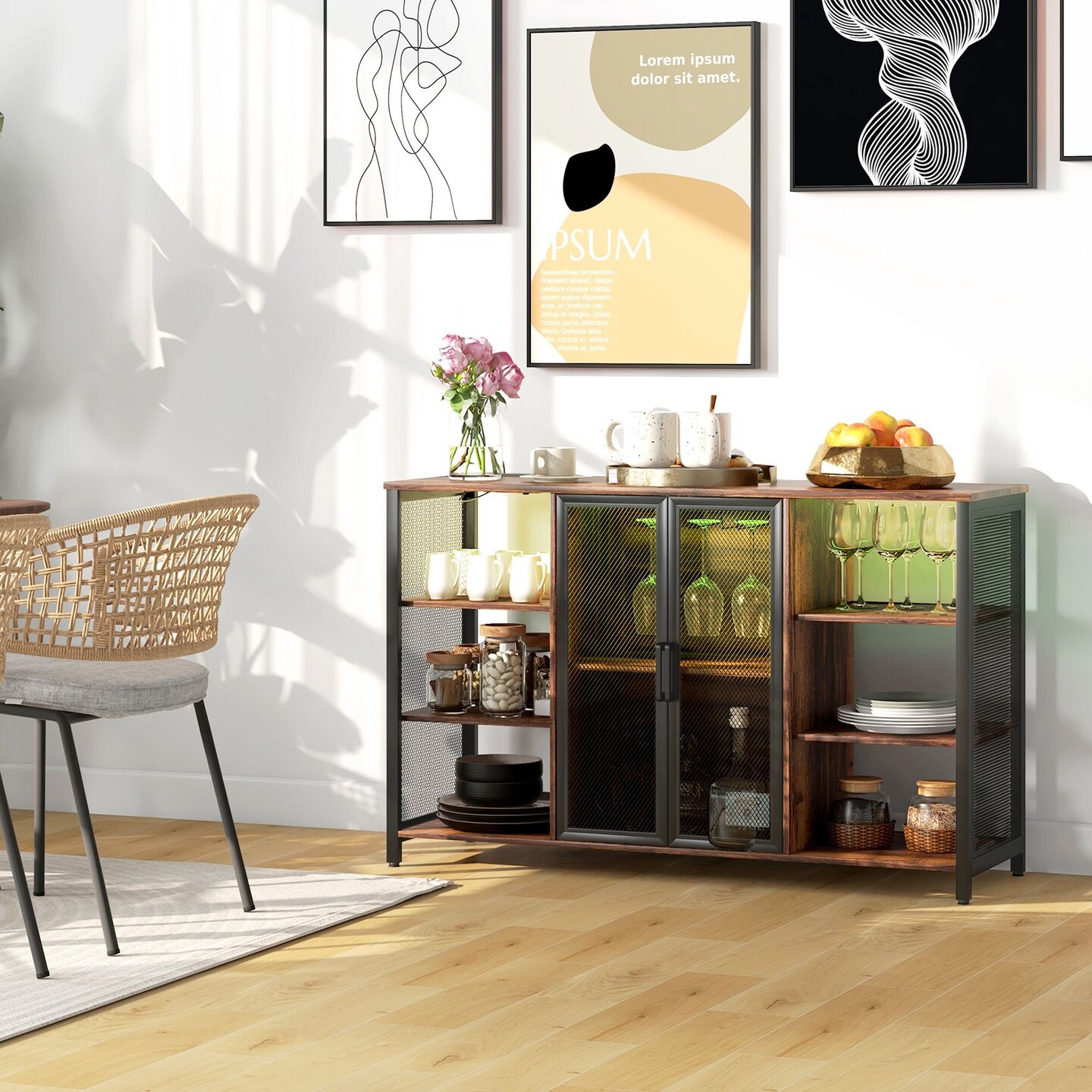 Edge Collections -47.25" x 30" -Brown-LED Wine Cabinet with Charging Station and Glass Holders-1 pcs