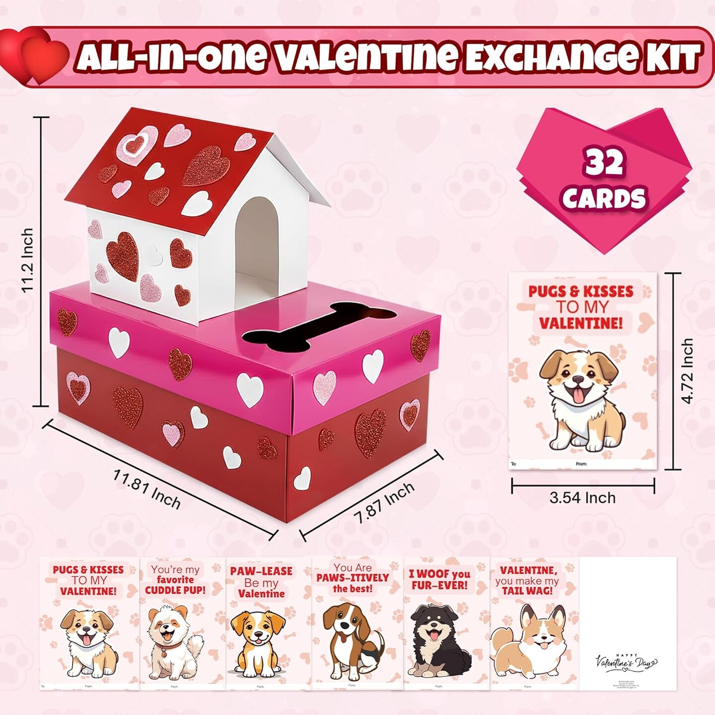 4E's Novelty Valentines Day Box and Cards for Kids (32 Pcs) - DIY Puppy Valentines Box Doghouse Craft Kit Gift with 32 Puppy Cards & Teacher Card, Valentines Boxes for Kids for Fun and Classroom Exchange