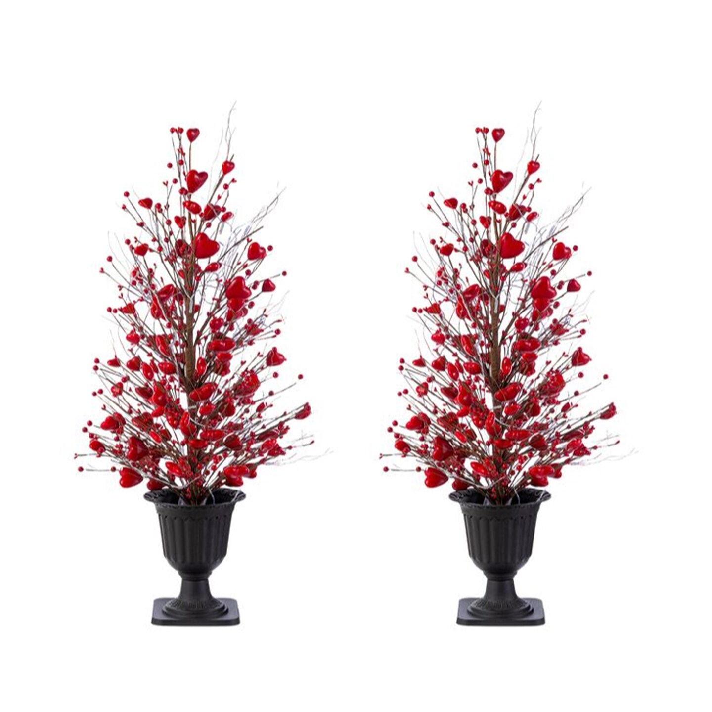 Set of 2 36"H Valentine's Lighted Red Berry Heart Urn Porch Tree,w/Timer