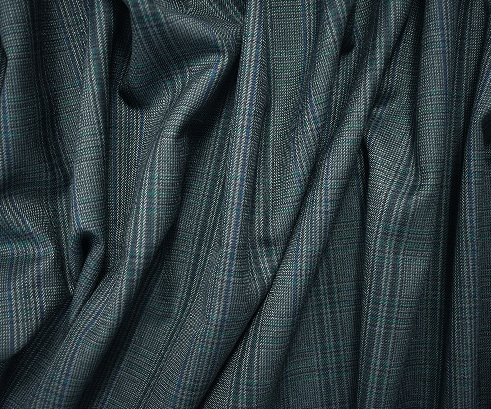 Green-Blue-Multi Wool-Poly Japanese Plaid Woven Suiting Fabric By the Yard