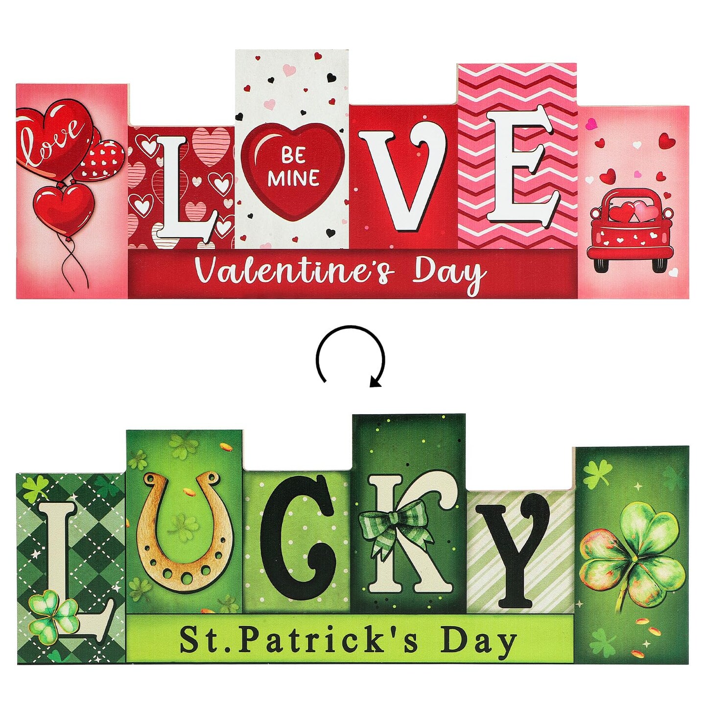 Valentine's Day & St. Patrick's Day Wooden Table Sign - LUCKY LOVE Reversible Tabletop Decor - Rustic Double-Sided Different Theme Irish Farmhouse Table Centerpiece