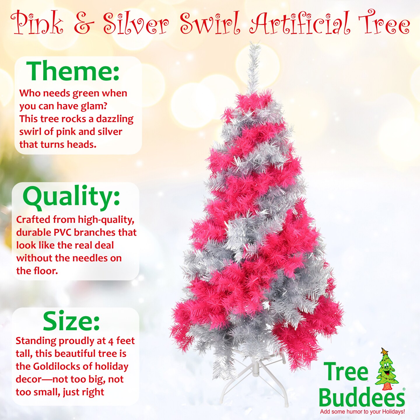 Tree Buddees Pink and Silver Swirl Colored Artificial Christmas Tree - 4 Foot Tall