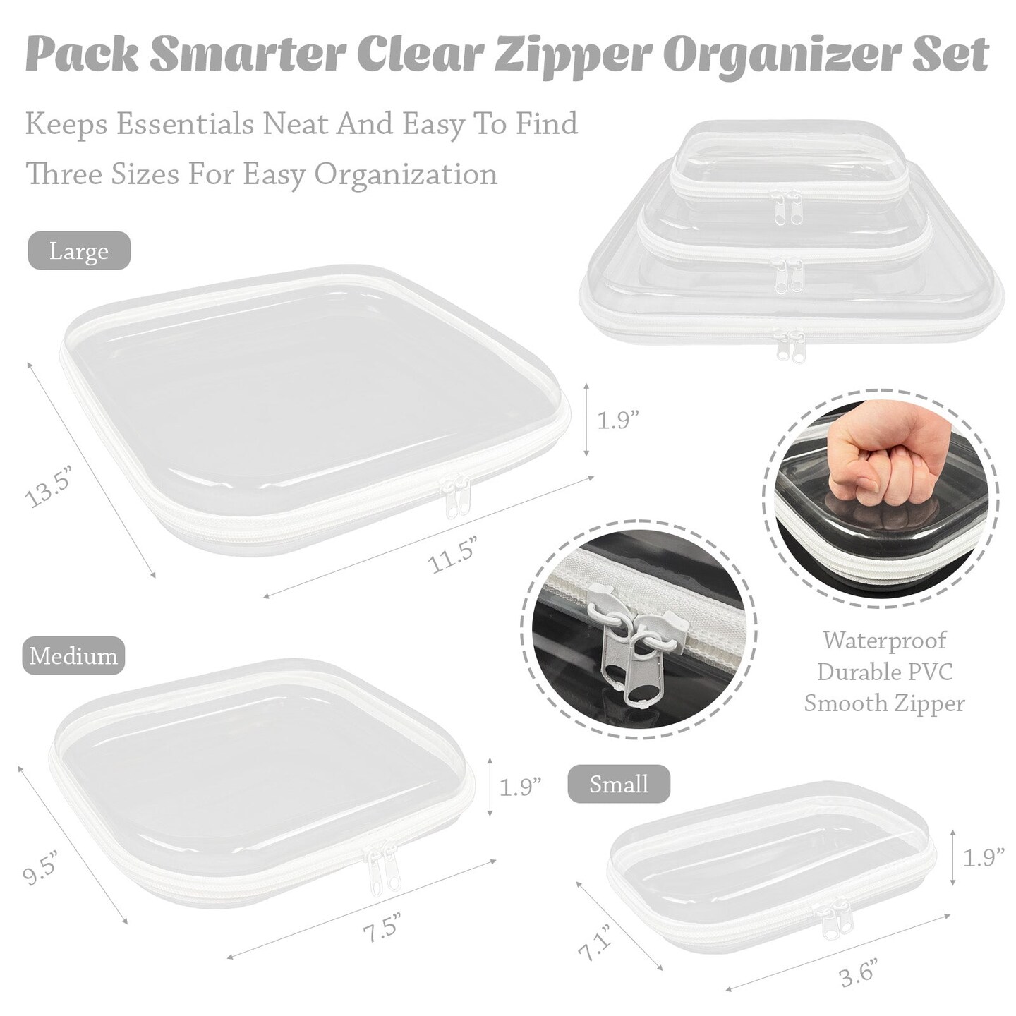 Wrapables Transparent Hard Shell Zipper Case, Clear Travel Storage Organizer for Toiletries, Makeup, and Cosmetics (Set of 3), LMS