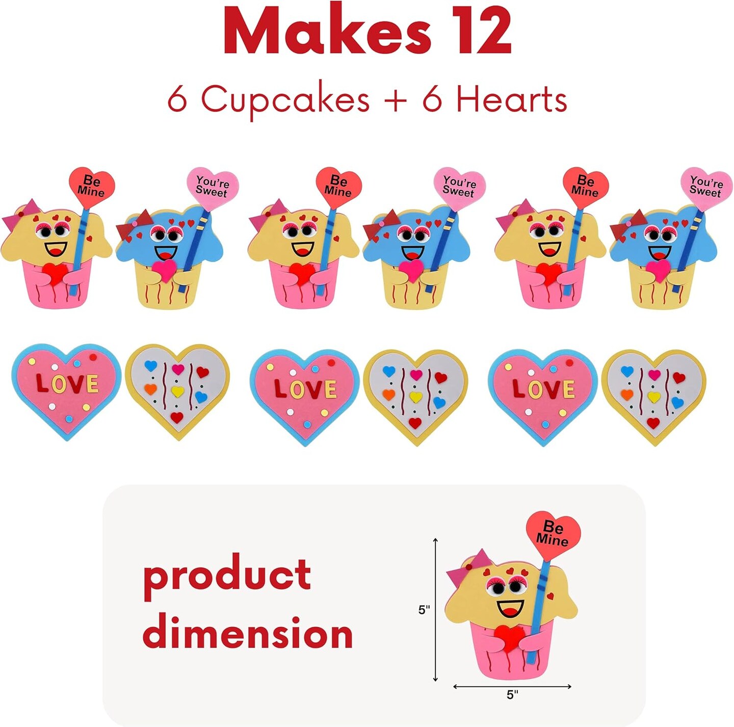 4E's Novelty Valentines Crafts for Kids – Foam Cupcake & Heart Cookie Magnet Kit (Makes 12), Self-Adhesive DIY Craft for Classroom Parties, Individually Wrapped Valentine Activity Bulk Set