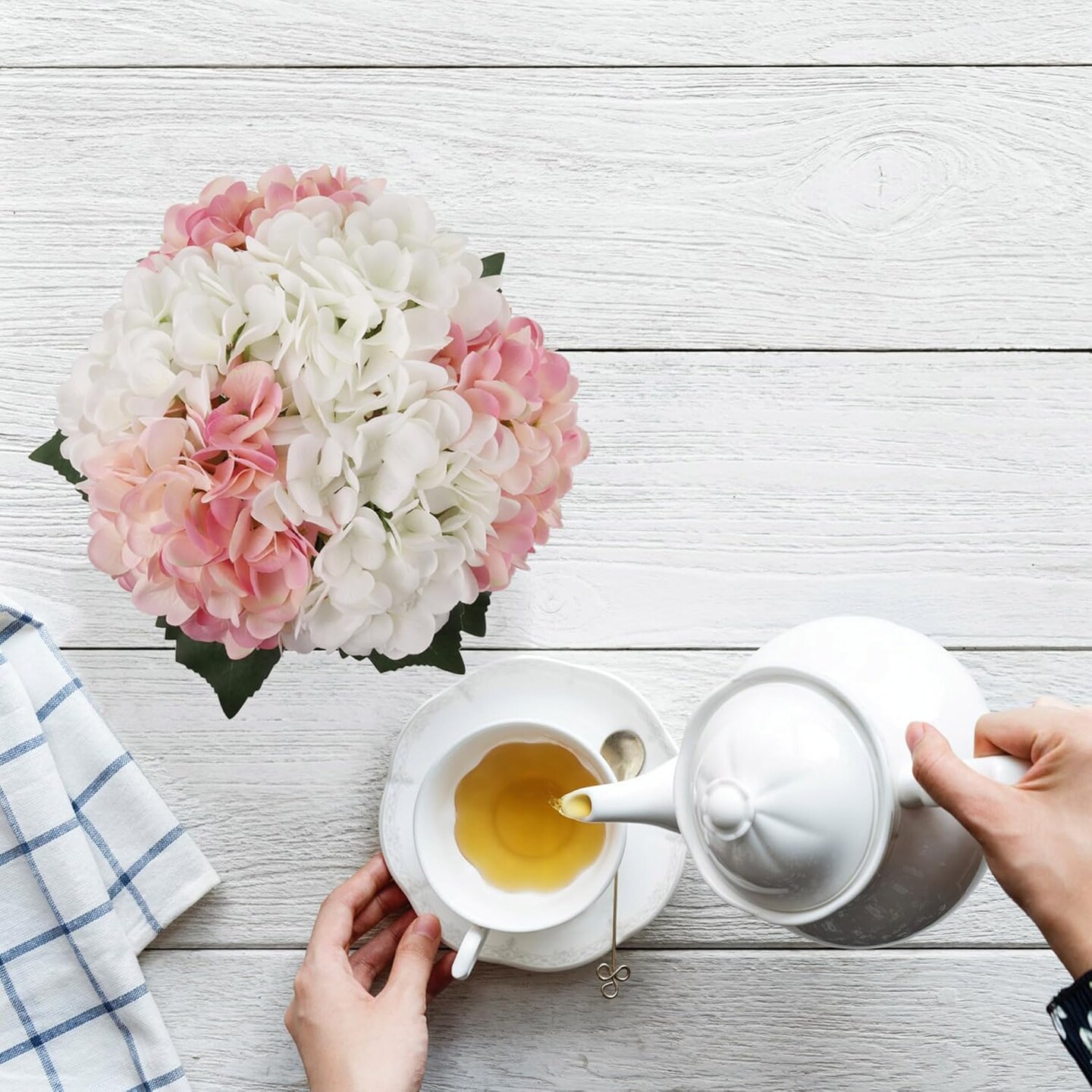 8-Pack Pink & White Hydrangea Arrangements | Faux Florals in Glass Vases with Water Look – Bulk Decor for Events & Homes