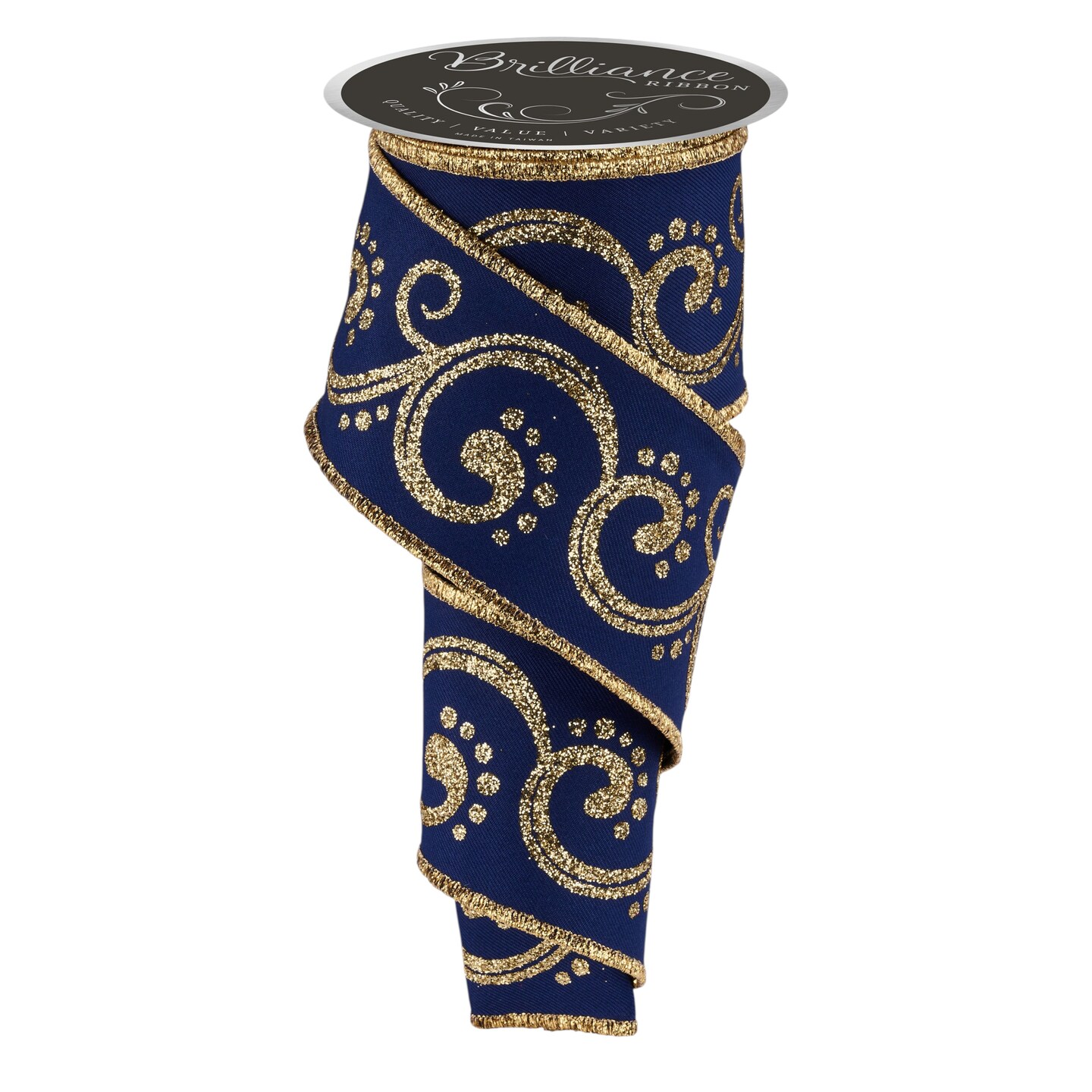 Brilliance 2.5" Navy Blue and Gold Filigree Glitter Swirl Wired Ribbon, 10 Yards for Christmas Bows, Wreaths, Gift Wrap, Crafts and Decorations