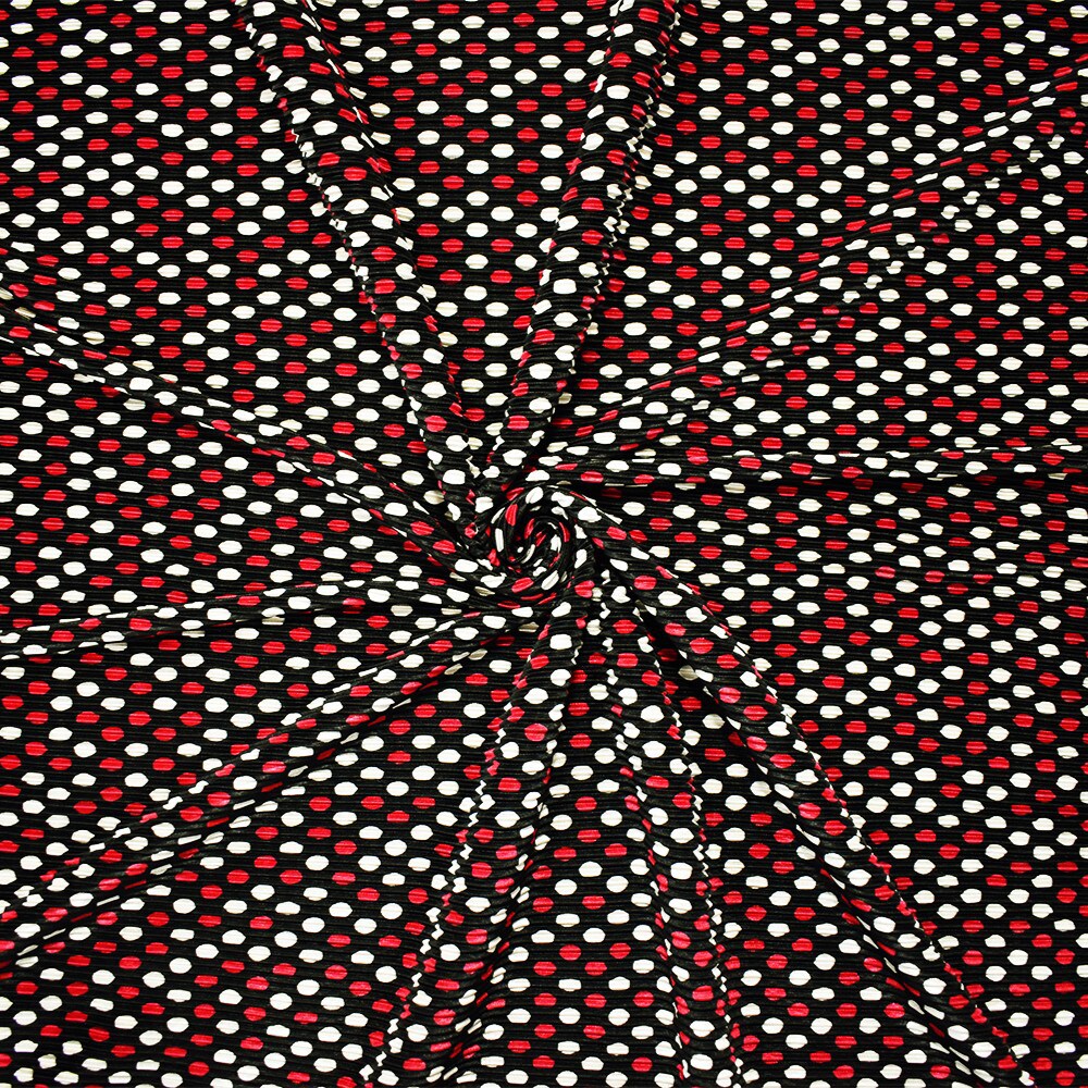 Black-Multi Poly Stretch Spandex Dot Print Pleated Interlock Knit Fabric By the Yard