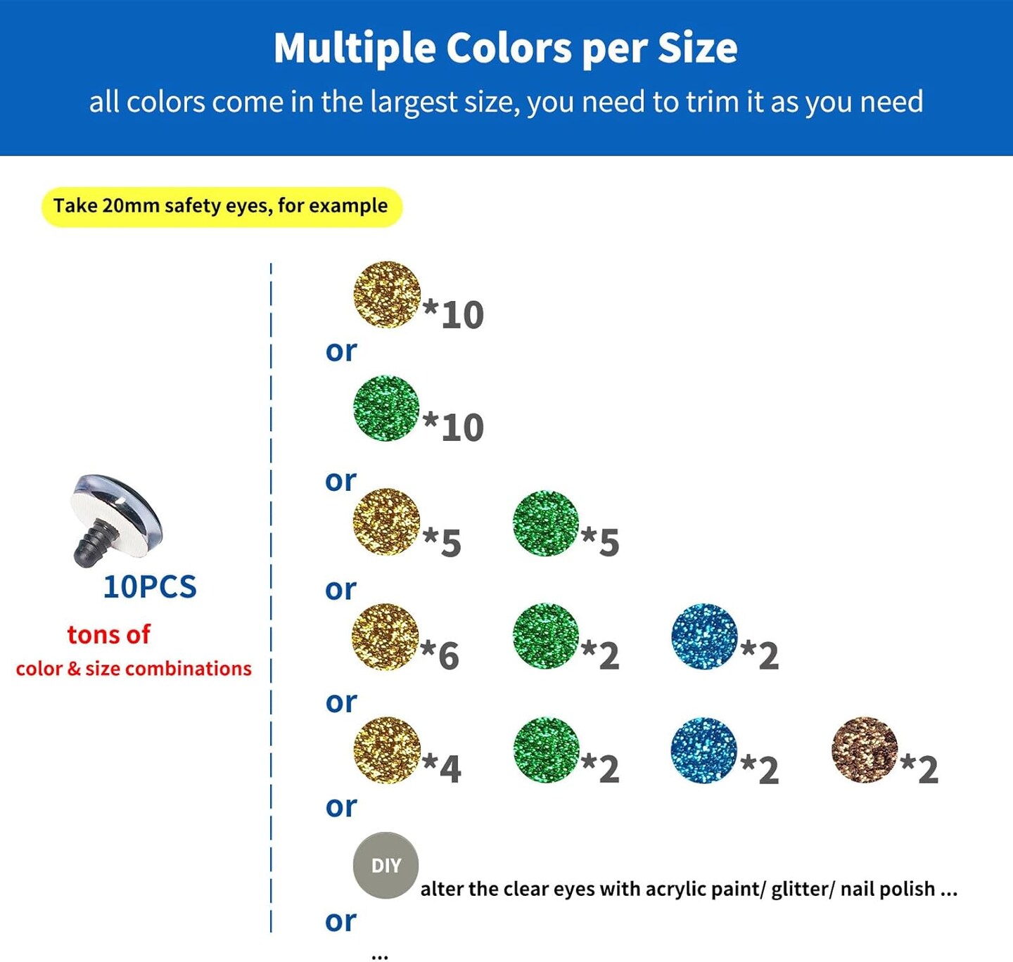 80Pcs Glitter Safety Eyes - 18-30mm - 4 Colors