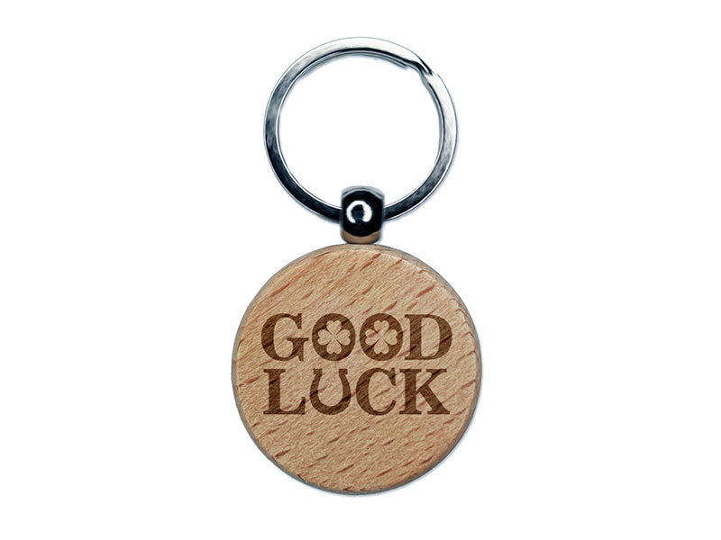 Good Luck Clover Horseshoe Saint Patricks Day Shamrock Engraved Wood Round Keychain Tag Charm