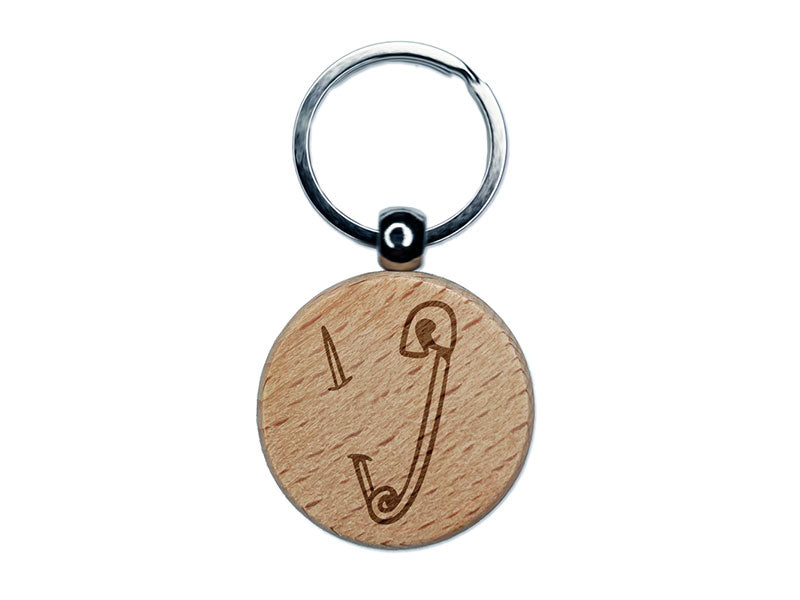 Safety Pin Needle Piercing Fabric Engraved Wood Round Keychain Tag