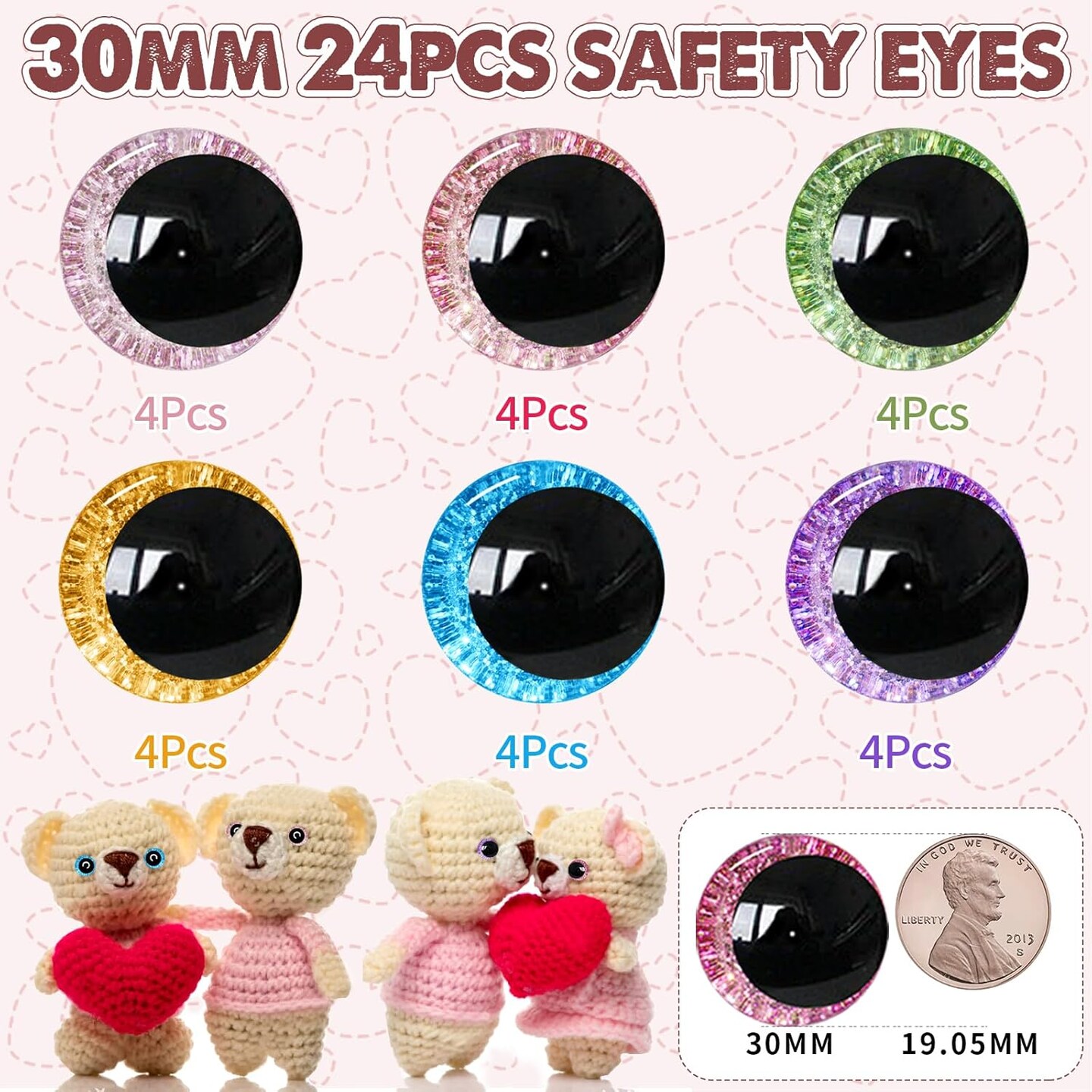 48pcs 30mm 3D Glitter Moon Safety Eyes for Amigurumi, Crochet Dolls, and Stuffed Animals – With Washers