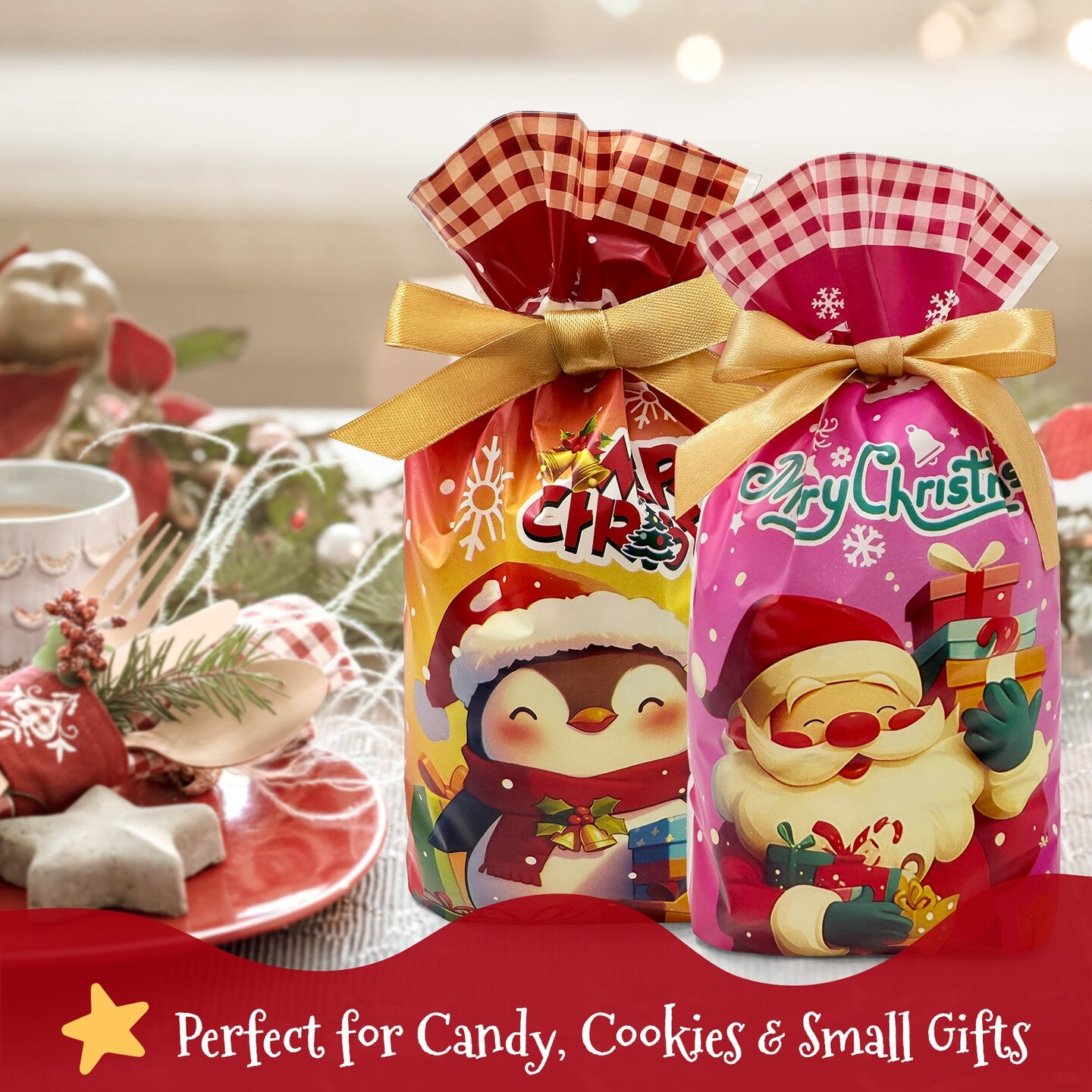 Wrapables Christmas Drawstring Treat Bags for Candy, Cookies, Treats, Gifts and Party Favors (50pcs), Festivity