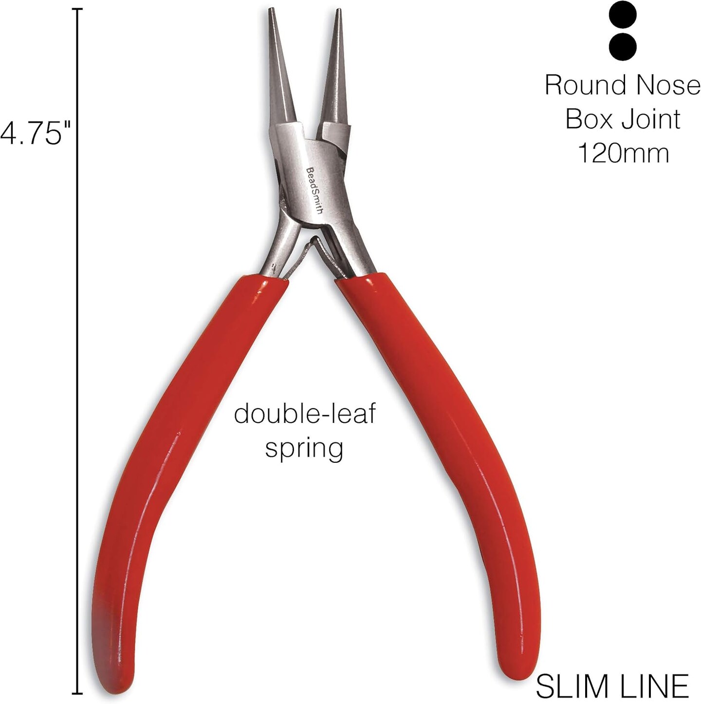 The Beadsmith Slim Line Round Nose Pliers, 4.75 inches (120mm) with polished steel head, red PVC comfort grip handle with double-leaf spring, tool for jewelry making