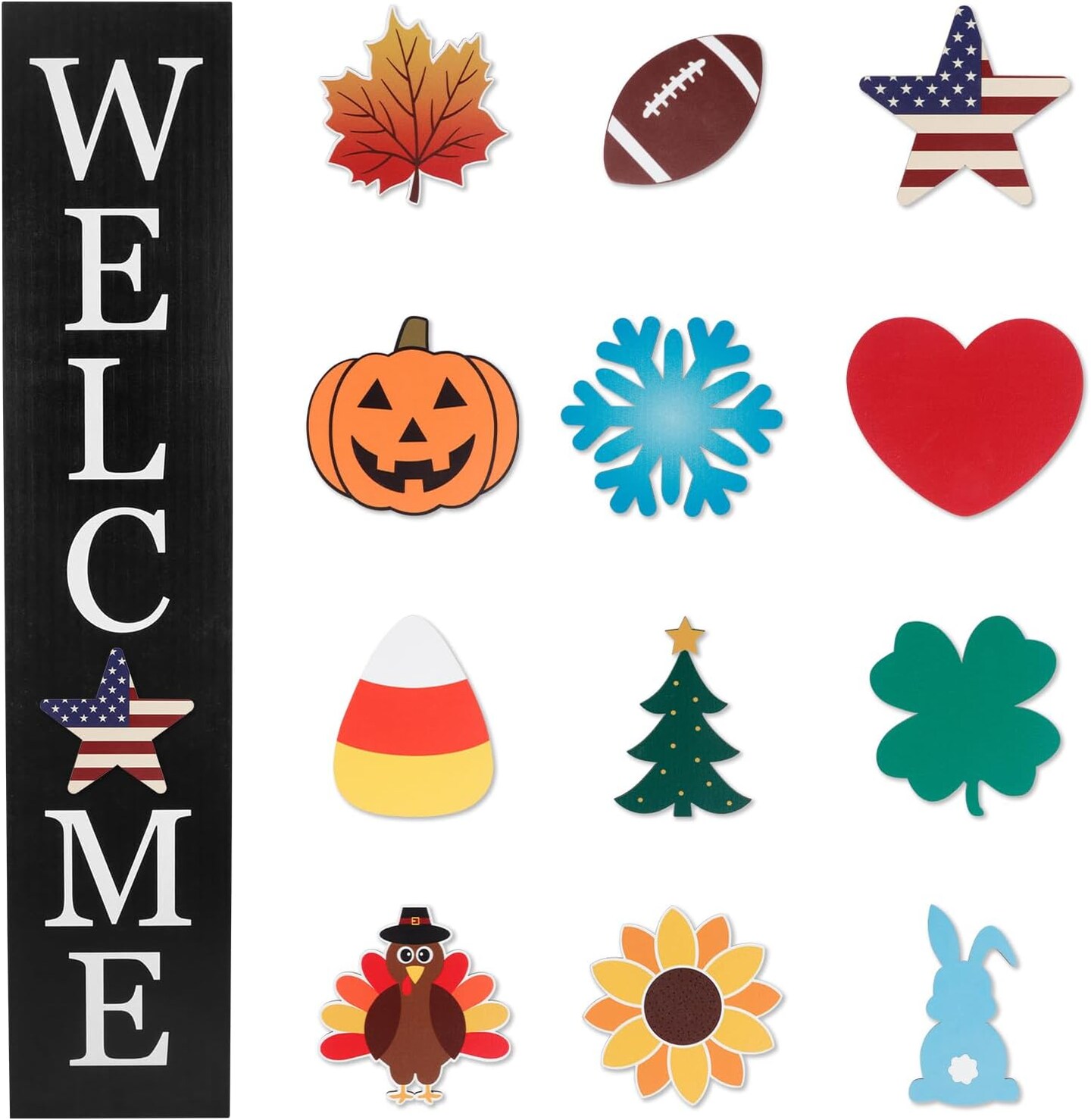 Interchangeable Welcome Sign for Front Porch – 45” x 9” Large Wooden Standing or Hanging Porch Sign with 12 Seasonal Icons for Fall, Halloween, 4th of July & Holiday Decorations (Black)
