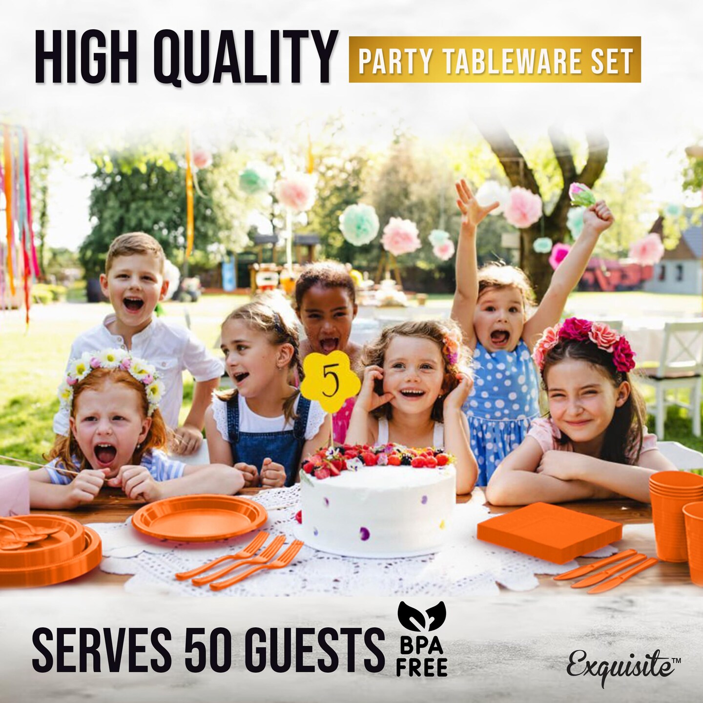 Exquisite 350 Pcs Plastic Plates for Party – Disposable Plates Set – 50 Each of 9" Dinner Plates, 7" Dessert Plates, Plastic Cups, Napkins & Plastic Cutlery – Plastic Dinnerware by Party Solids