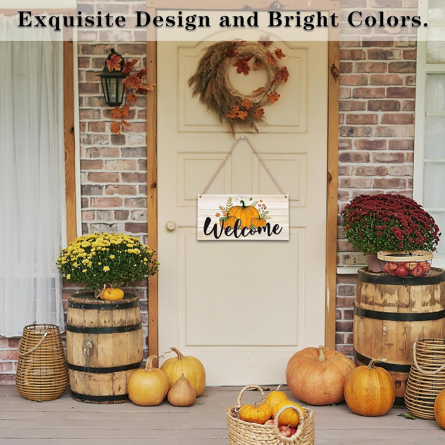 Fall Welcome Sign for Front Door – Rustic Autumn Hanging Plaque with Pumpkins, Thanksgiving Porch Wall Art Decor for Outdoor/Indoor Home Display (FALLA01)