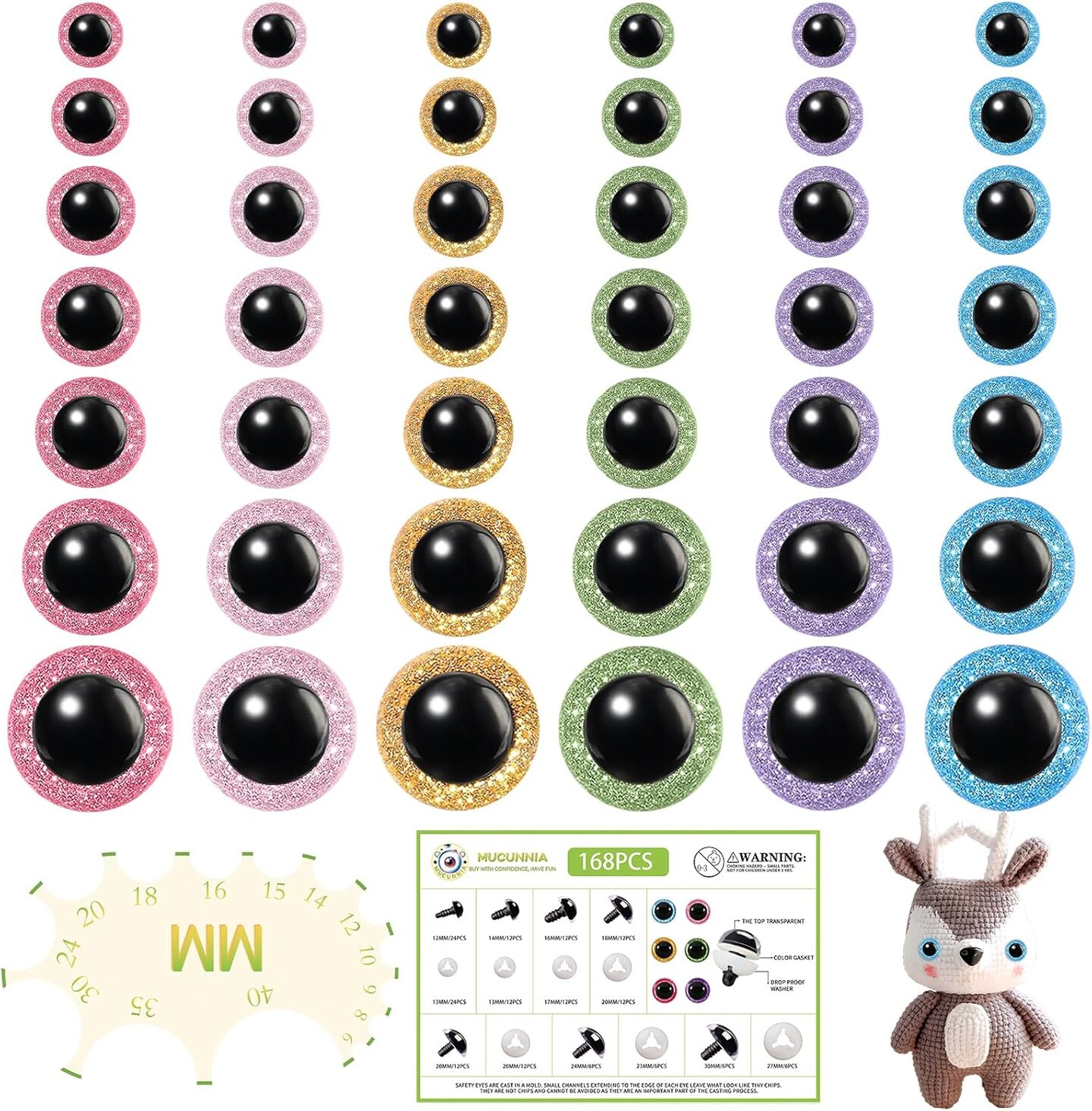 168pcs Upgraded Glitter Safety Eyes with Washers – 12–30mm Crochet Craft Eyes for Amigurumi, Dolls, Stuffed Animals & DIY Projects with Size Tool and Instructions