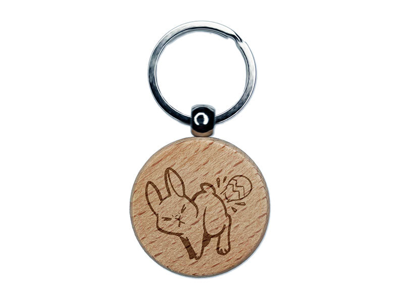 Funny Easter Bunny Laying Egg Engraved Wood Round Keychain Tag Charm