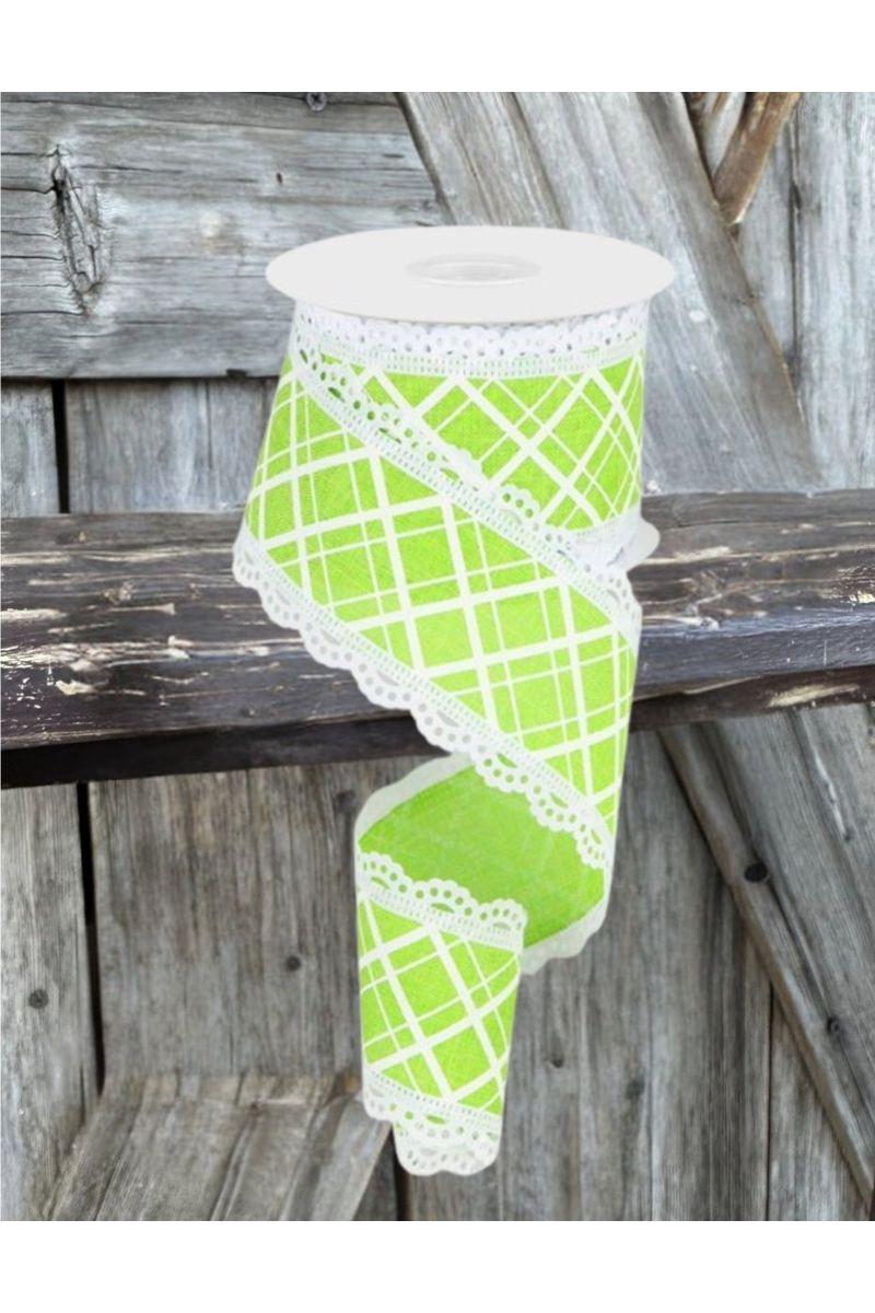 2.5&#x22; Line Check Lace Ribbon: Lime Green (10 Yard)