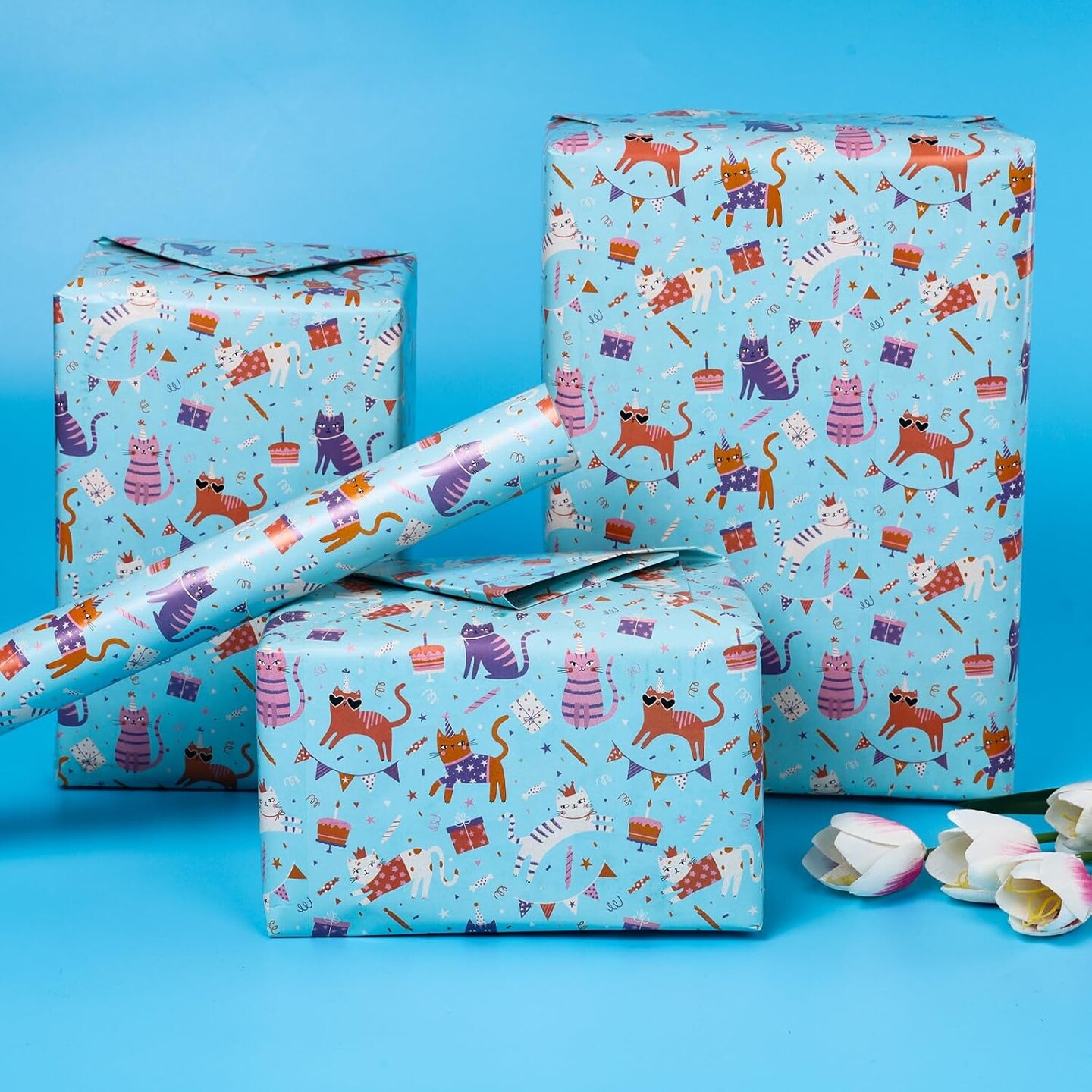 Cat Wrapping Paper Mini Roll – 17” x 10 ft, Blue Kitten Pattern for Kids’ Birthdays, Parties, Baby Showers & Cat Lovers (Blue Cats)