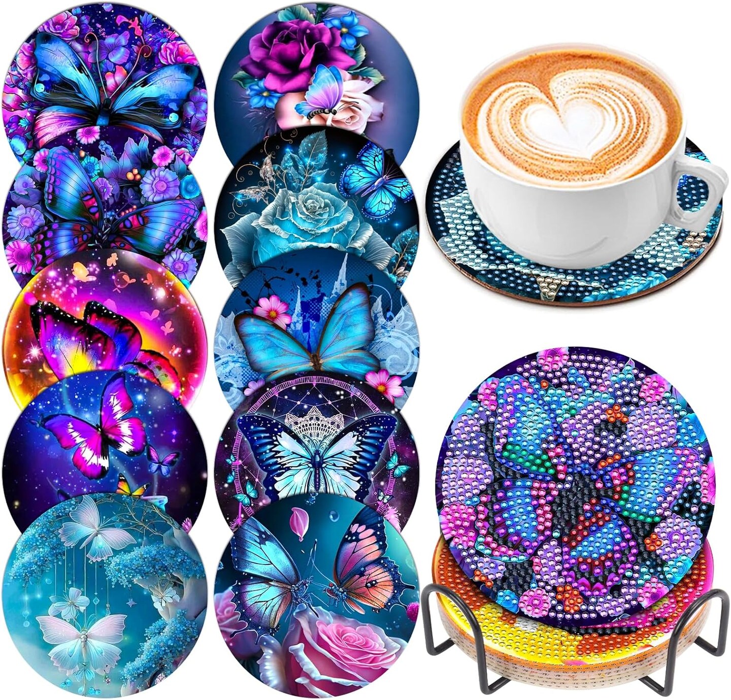 10 Pcs Butterfly Diamond Art Painting Coasters Diamond Art Coasters with Holder, DIY Flowers Diamond Art Painting Kits for Beginners, Adults & Kids, Diamond Kits Craft Supplies, Coasters Gift