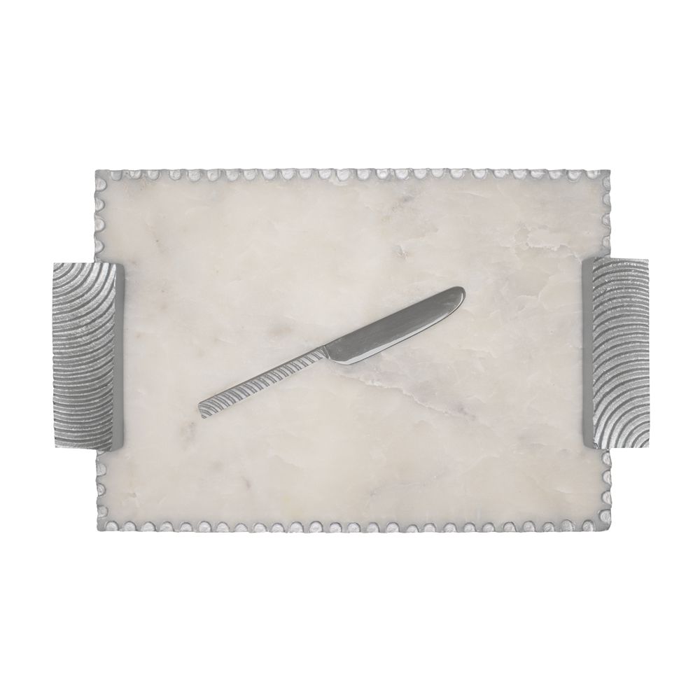 Marble Challah Board Silver Polish with Handles and Knife