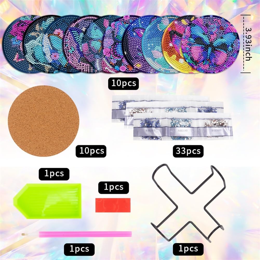 10 Pcs Butterfly Diamond Art Painting Coasters Diamond Art Coasters with Holder, DIY Flowers Diamond Art Painting Kits for Beginners, Adults & Kids, Diamond Kits Craft Supplies, Coasters Gift