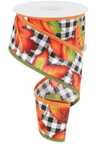 2.5&#x22; Autumn Leaves on Check Ribbon: White (10 Yards)