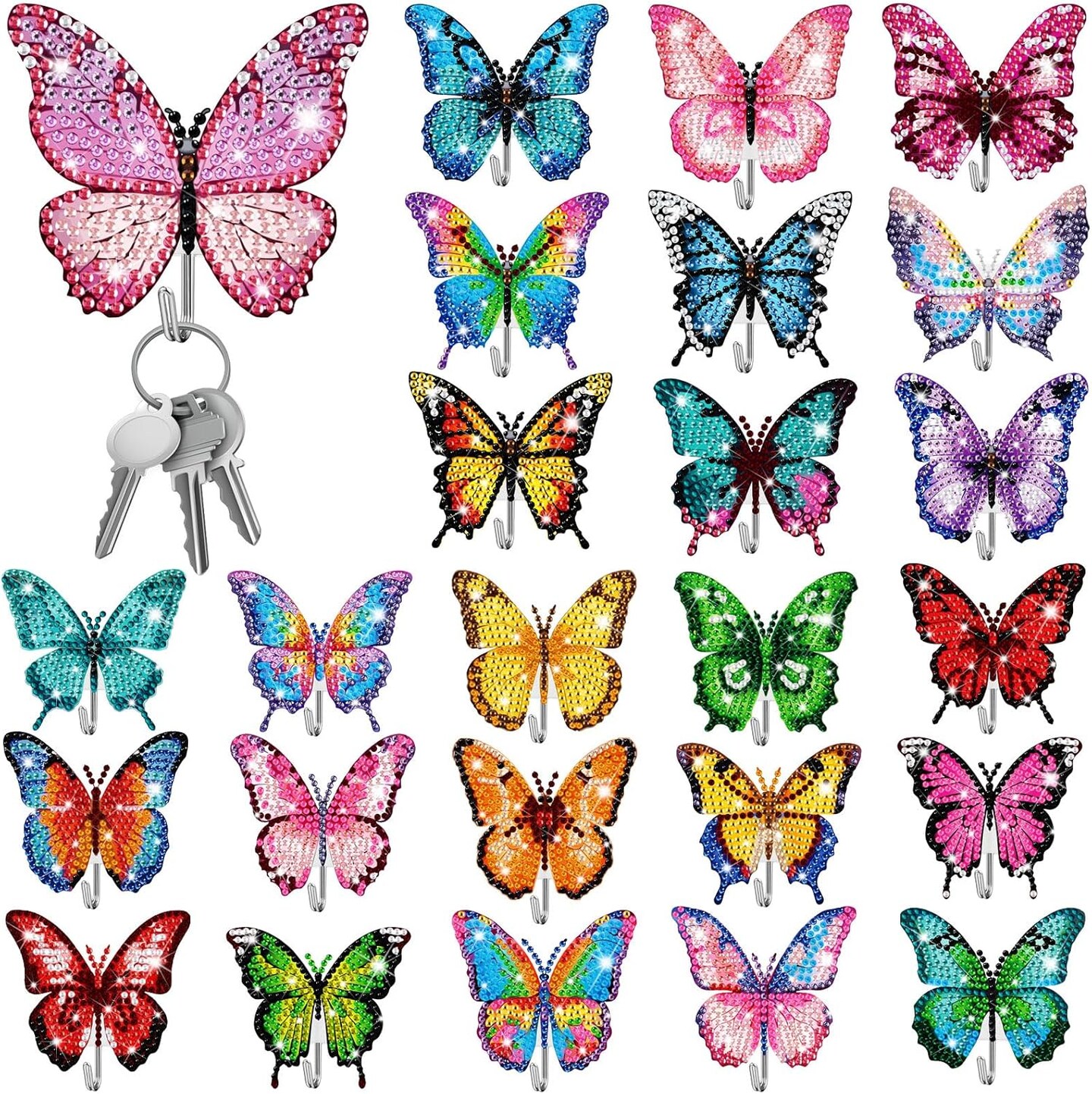 25 PcsDIY Diamond Art Painting Wall Hook Key Holder Butterfly Wall Hooks Rhinestone Dot Gem Art Kits Sticky Hooks for Towel Hat Kitchen Decoration