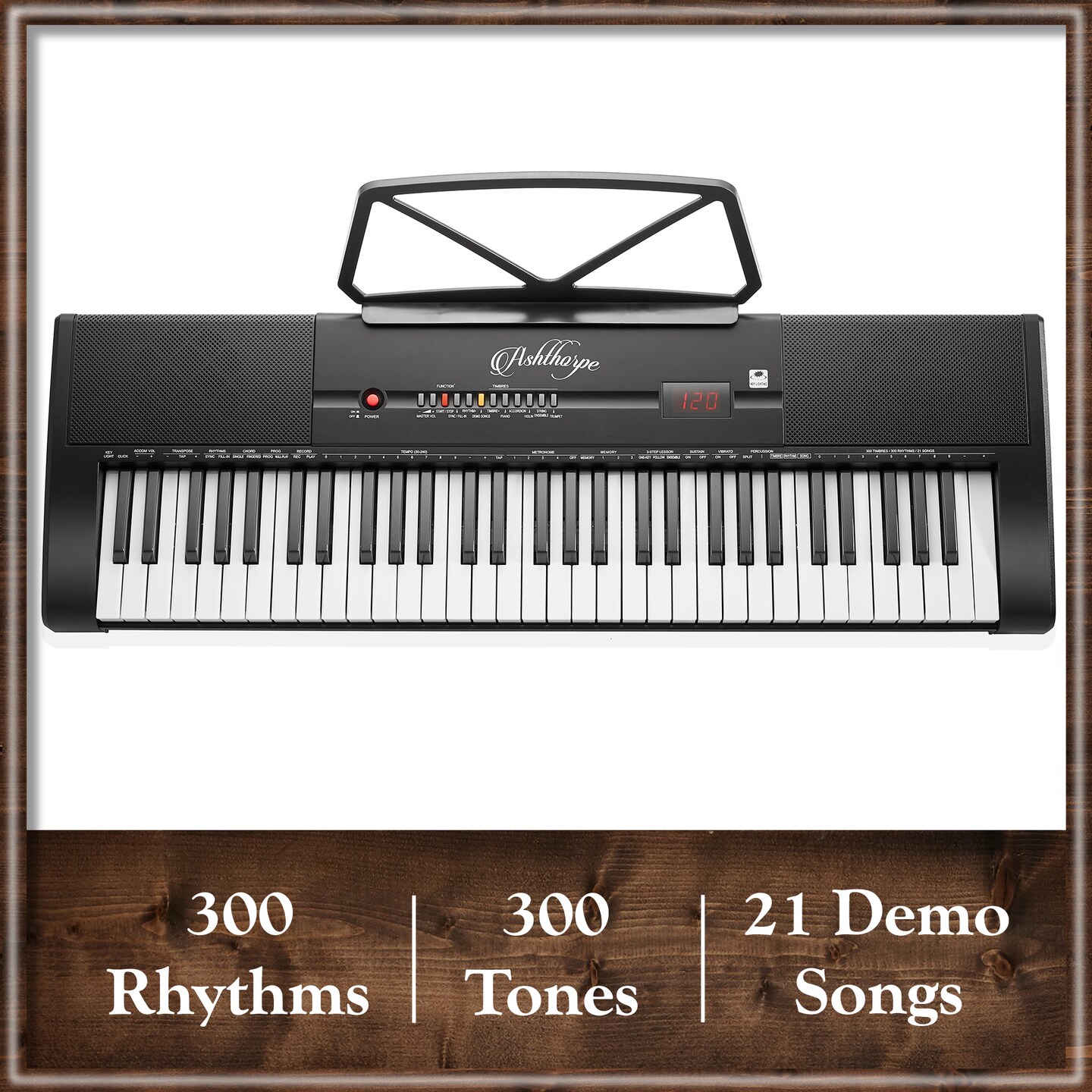 Ashthorpe 61-Key Digital Electronic Keyboard&#xA0;Piano with Light Up Keys, Includes Stand, Bench, Headphones, Mic and Keynote Stickers