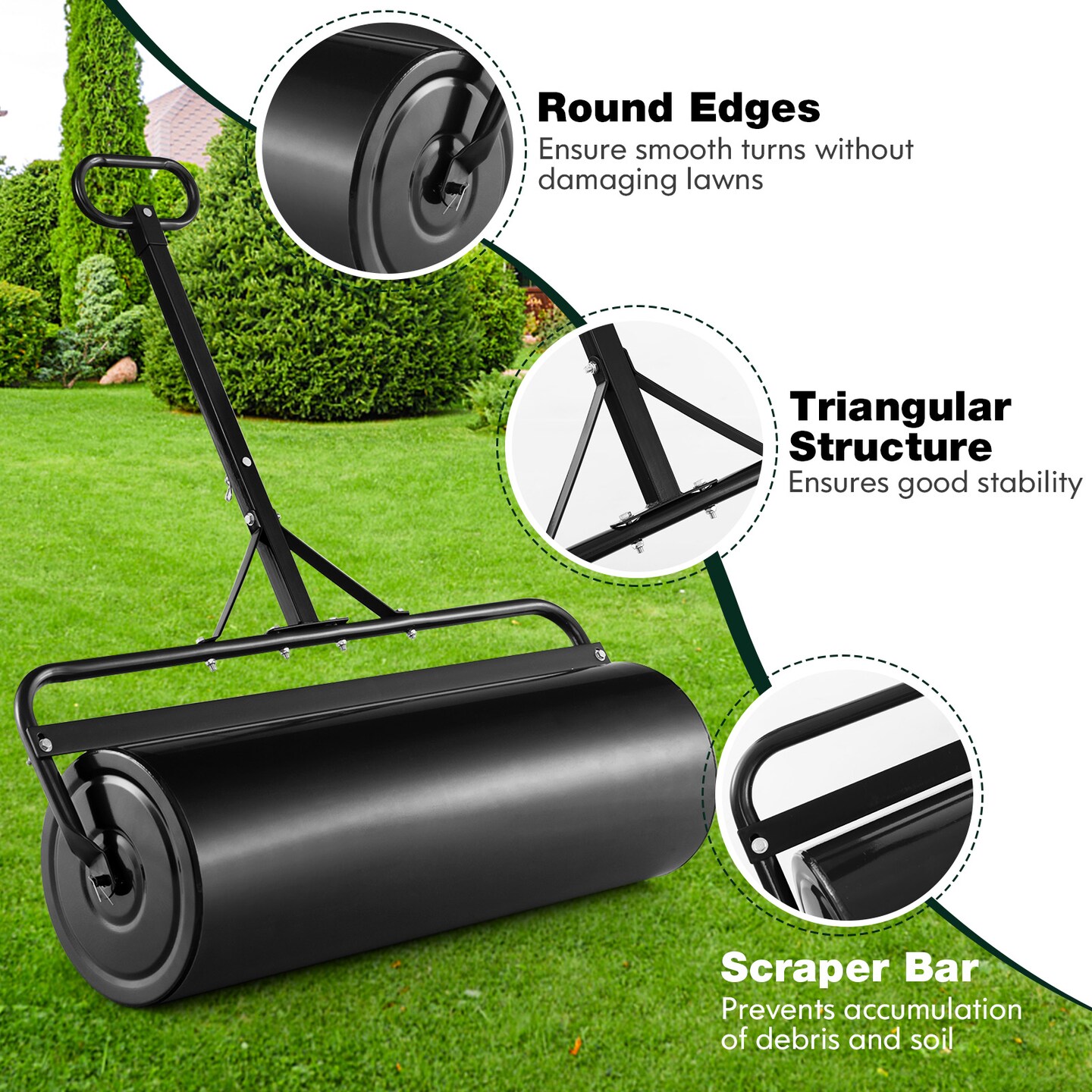 Black Heavy-Duty 30-Gallon Metal Lawn Roller with Tow-Behind Handle for Garden Lawn Care