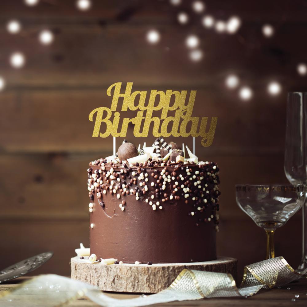 Gold Glitter Happy Birthday Cake Topper