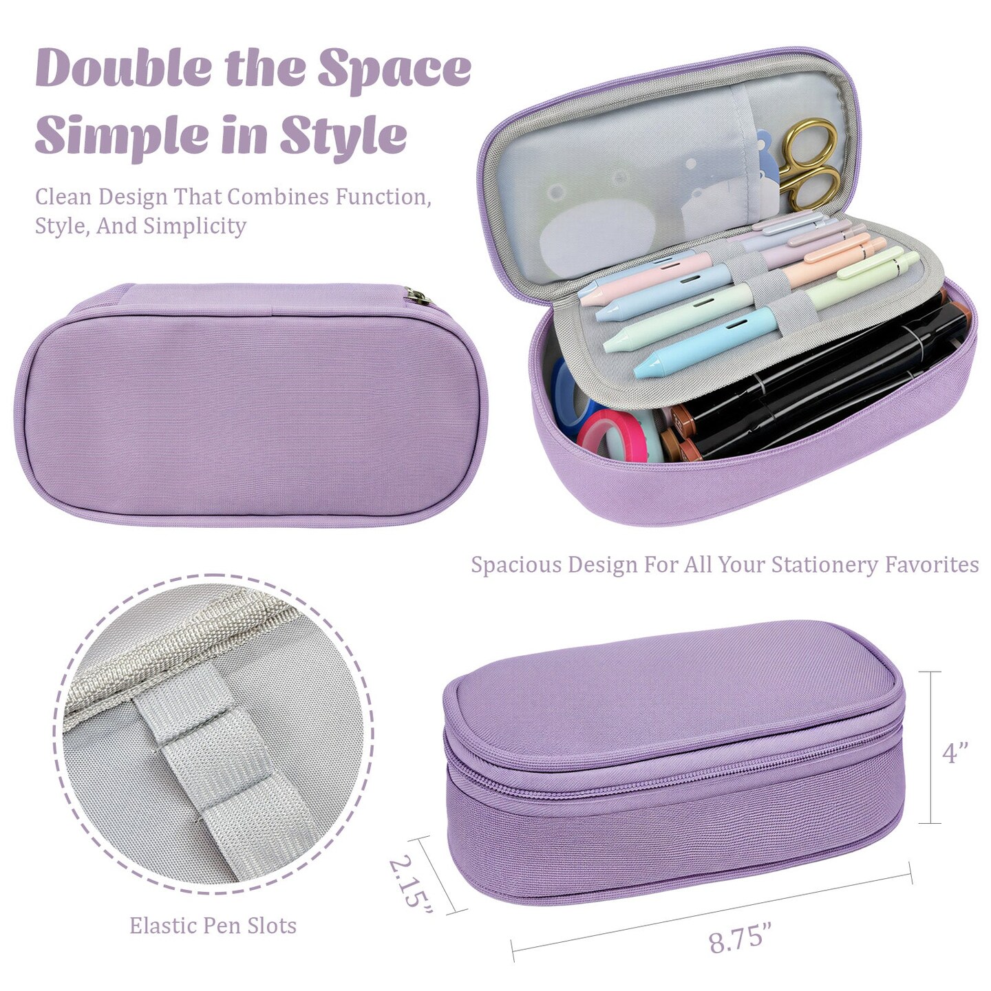 Wrapables Simple Large Capacity Double Compartment Pencil Case, Pencil Pouch for Stationery Tools, Orchid