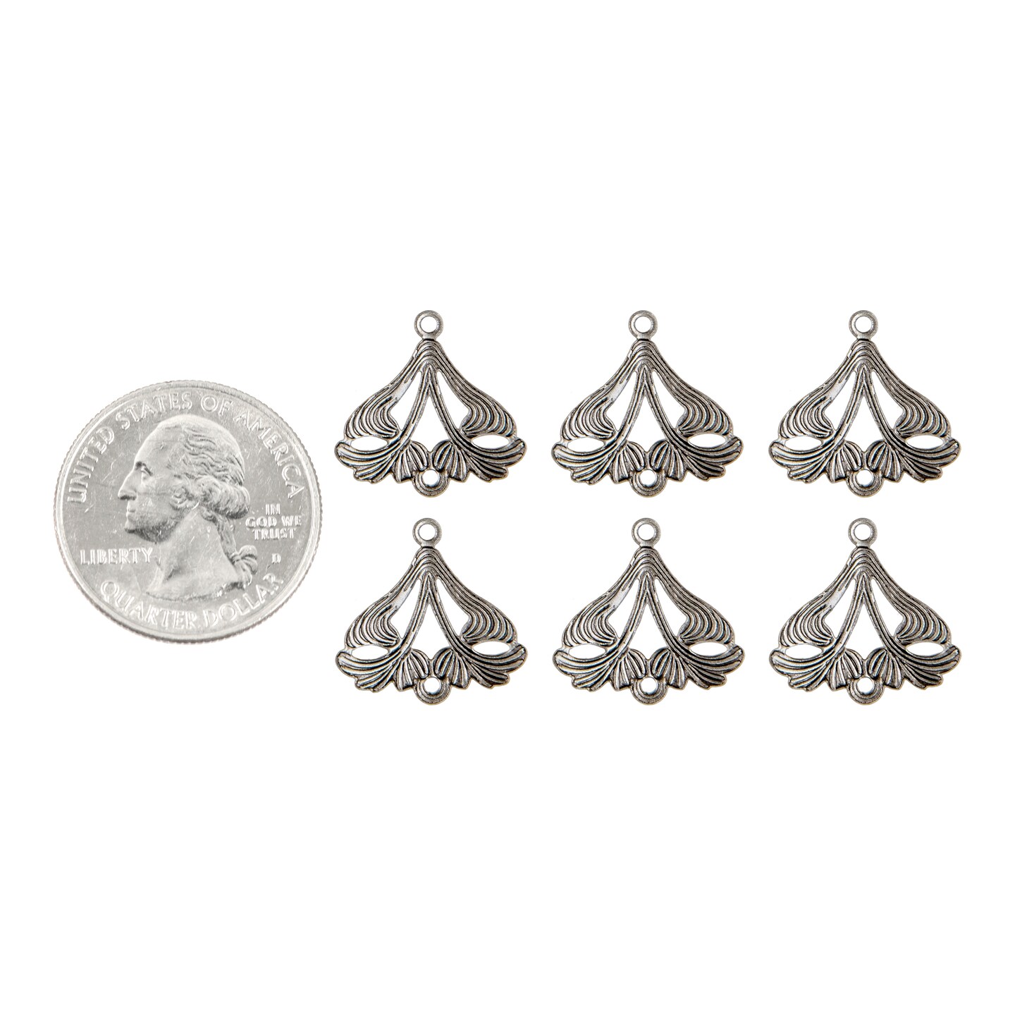 Pewter Plated Brass Leafy Triangle Two Ring Connectors Set of Six P-2C48