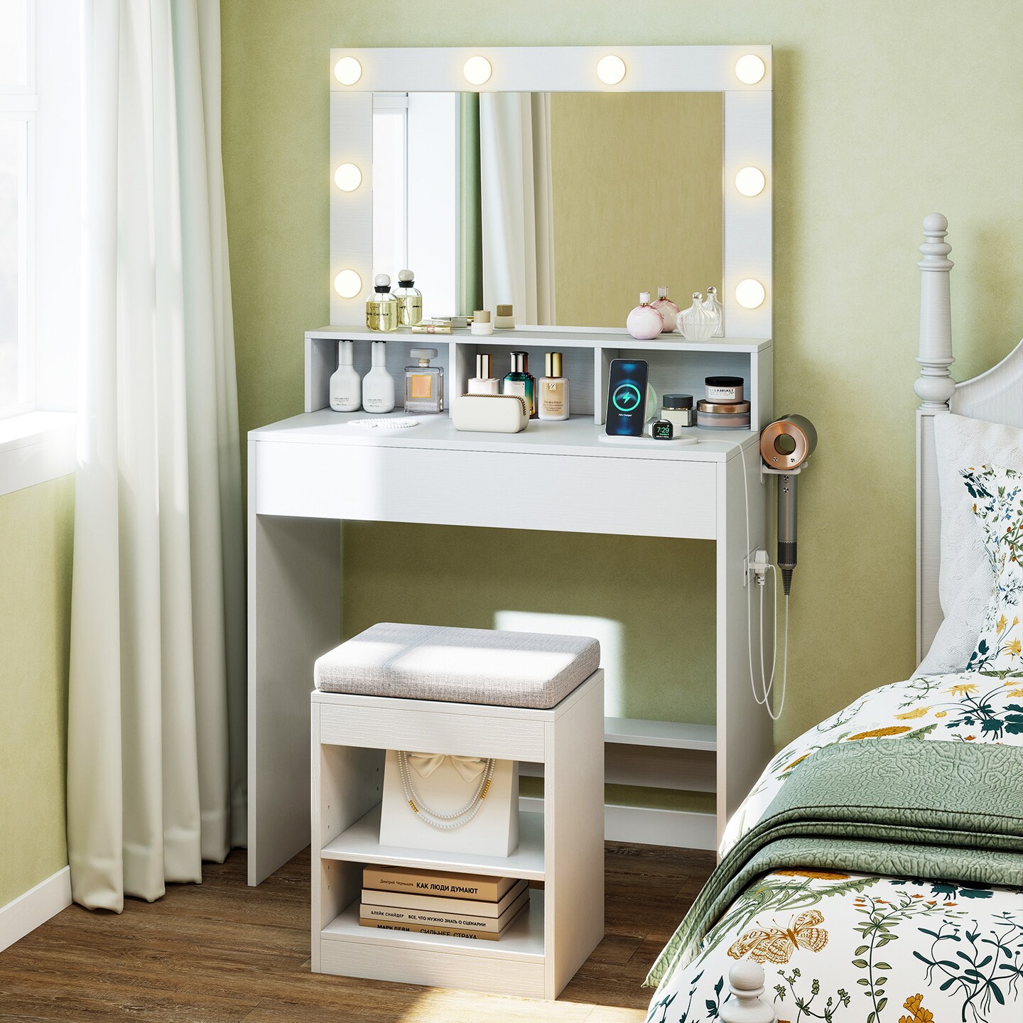 White Dressing Table with Adjustable Brightness LED Lights and Storage Drawer Included Stool